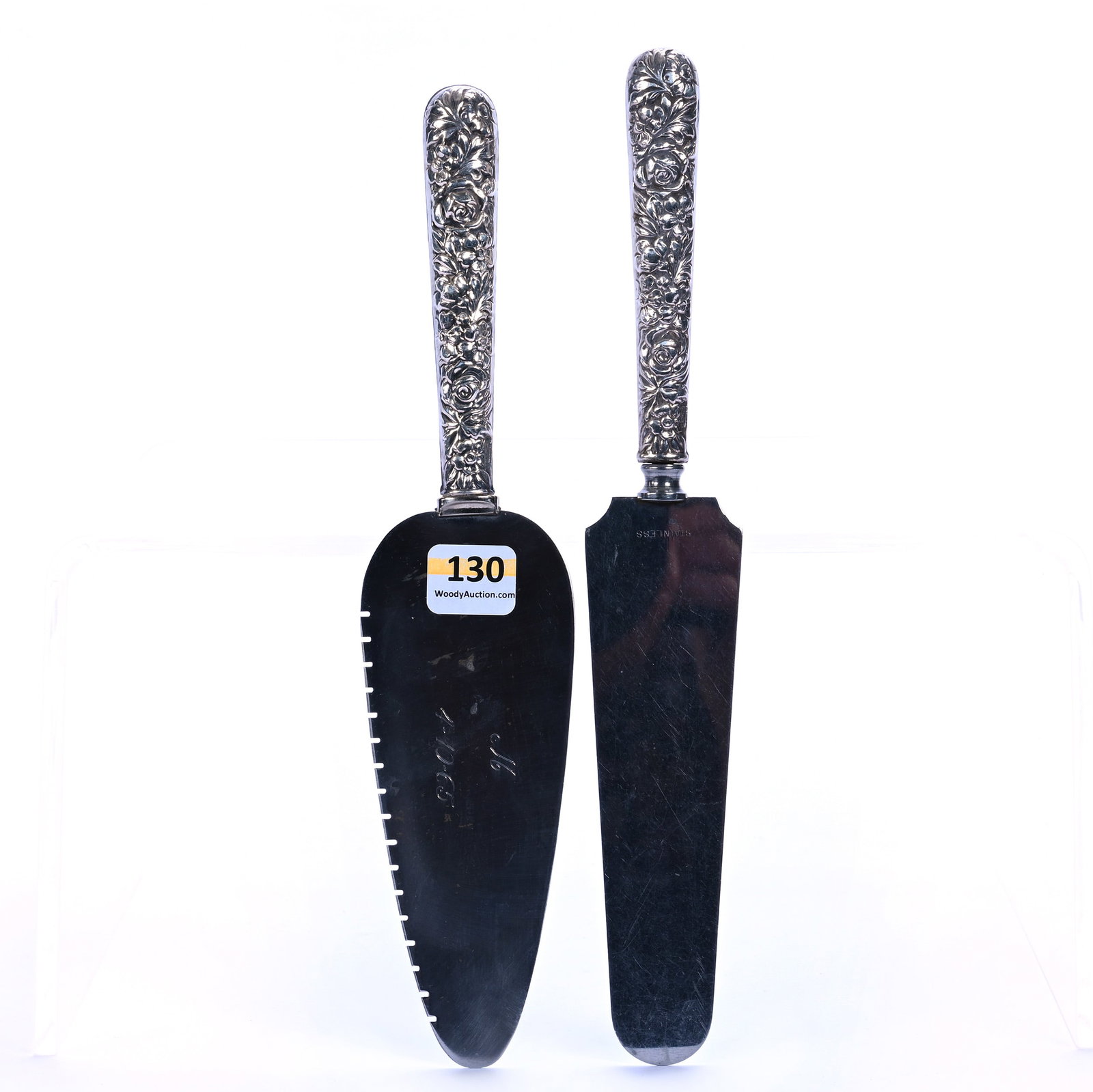 (2) Pie And Cake Servers, Embossed Sterling Silver Handles: (2) Pie And Cake Servers, Embossed Sterling Silver Handles, 10 x 2 x 0.5 Inches, Floral Design, Stainless Steel Blades, No Makers Mark Identified, 0.3 Pounds, Grady and Annette Hite Collection, North