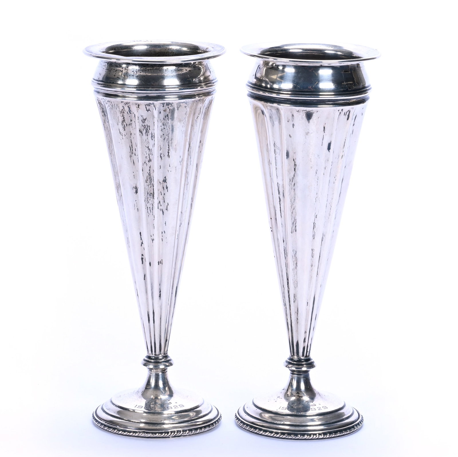 Pair Trumpet Vases, Sterling Silver, Marked Webster Company: Pair Trumpet Vases, Sterling Silver, Marked Webster Company, 9 x 3.25 x 3.25 Inches, Weighted Base, Presentation Monogram 1905-1929, 0.9 Pounds, Grady and Annette Hite Collection, North Carolina.
