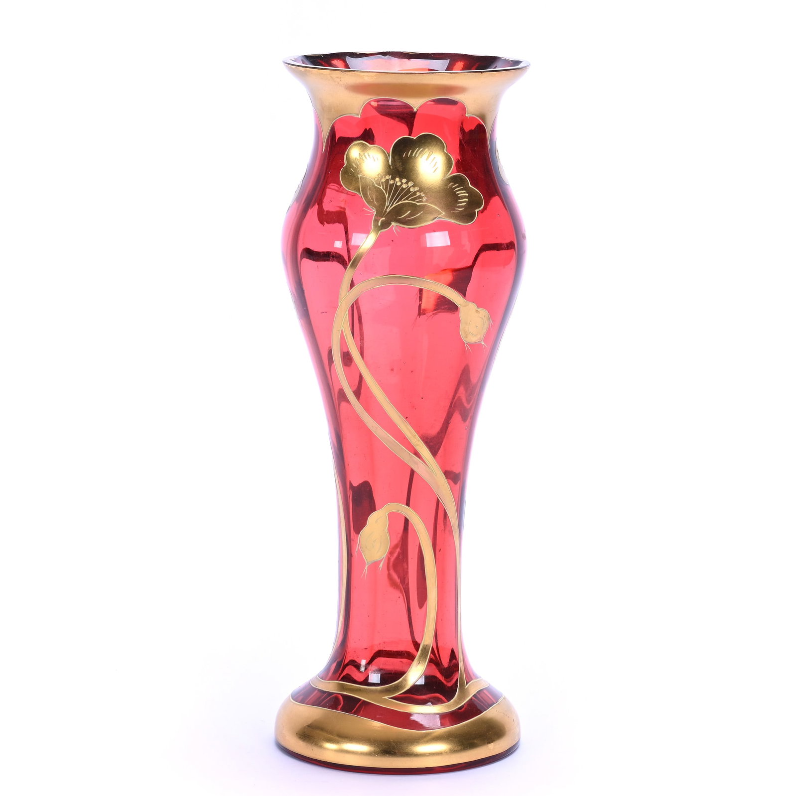 Vase, Unmarked Bohemian Art Glass: Vase, Unmarked Bohemian Art Glass, 12.75 x 4.5 x 4.5 Inches, Heavy Gold Floral And Border Overlay, 2 Pounds, Grady and Annette Hite Collection, North Carolina. Effective 6/6/26, All LiveAuctioneers In