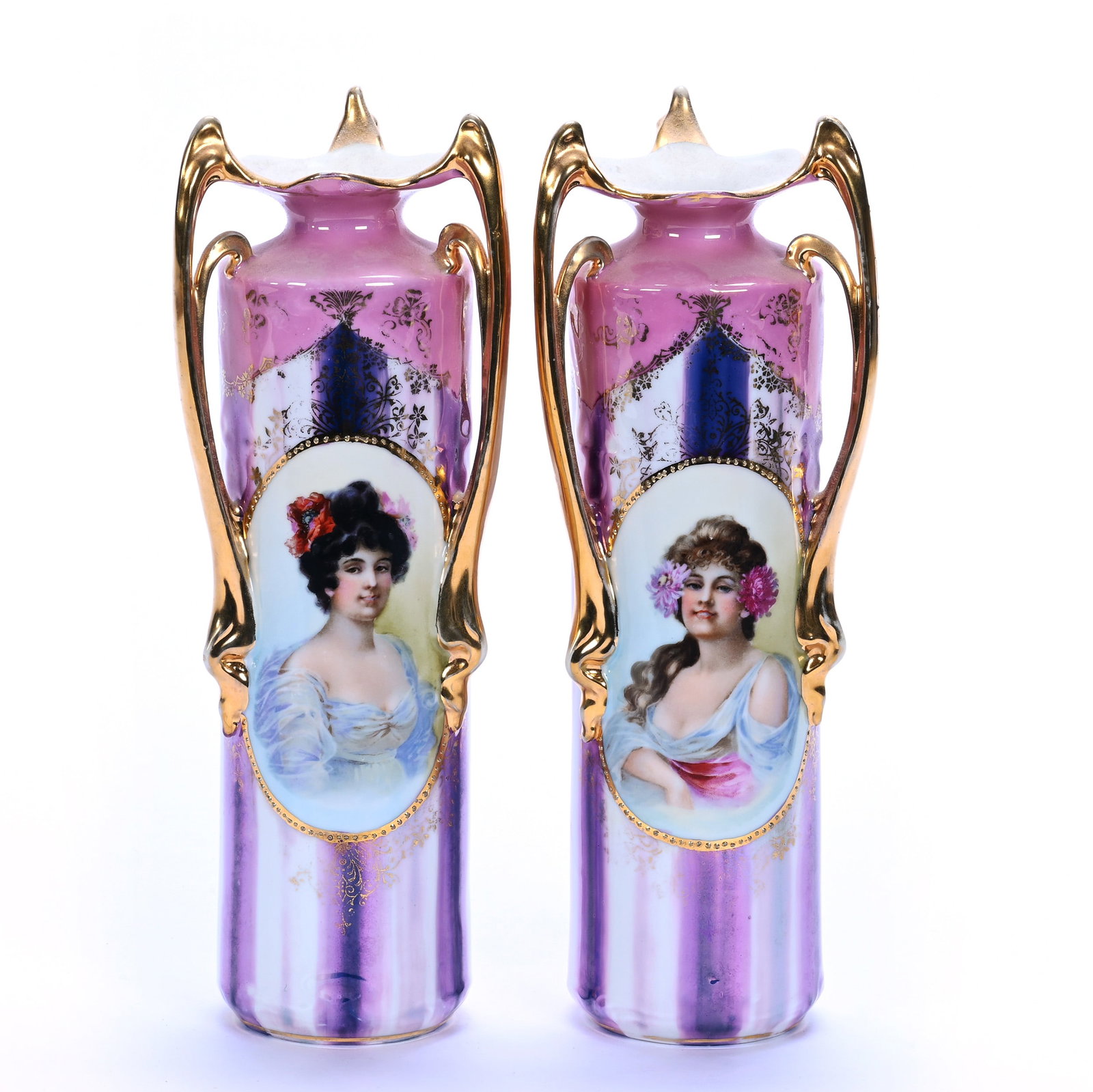 Pair Three Handled Vases, Marked Prov Saxe: Pair Three Handled Vases, Marked Prov Saxe, 10 x 3.5 x 3.5 Inches, Medallion Portraits Of Young Women With Lavender, Pink, And White Luster Striped Background, 2.1 Pounds, Grady and Annette Hite