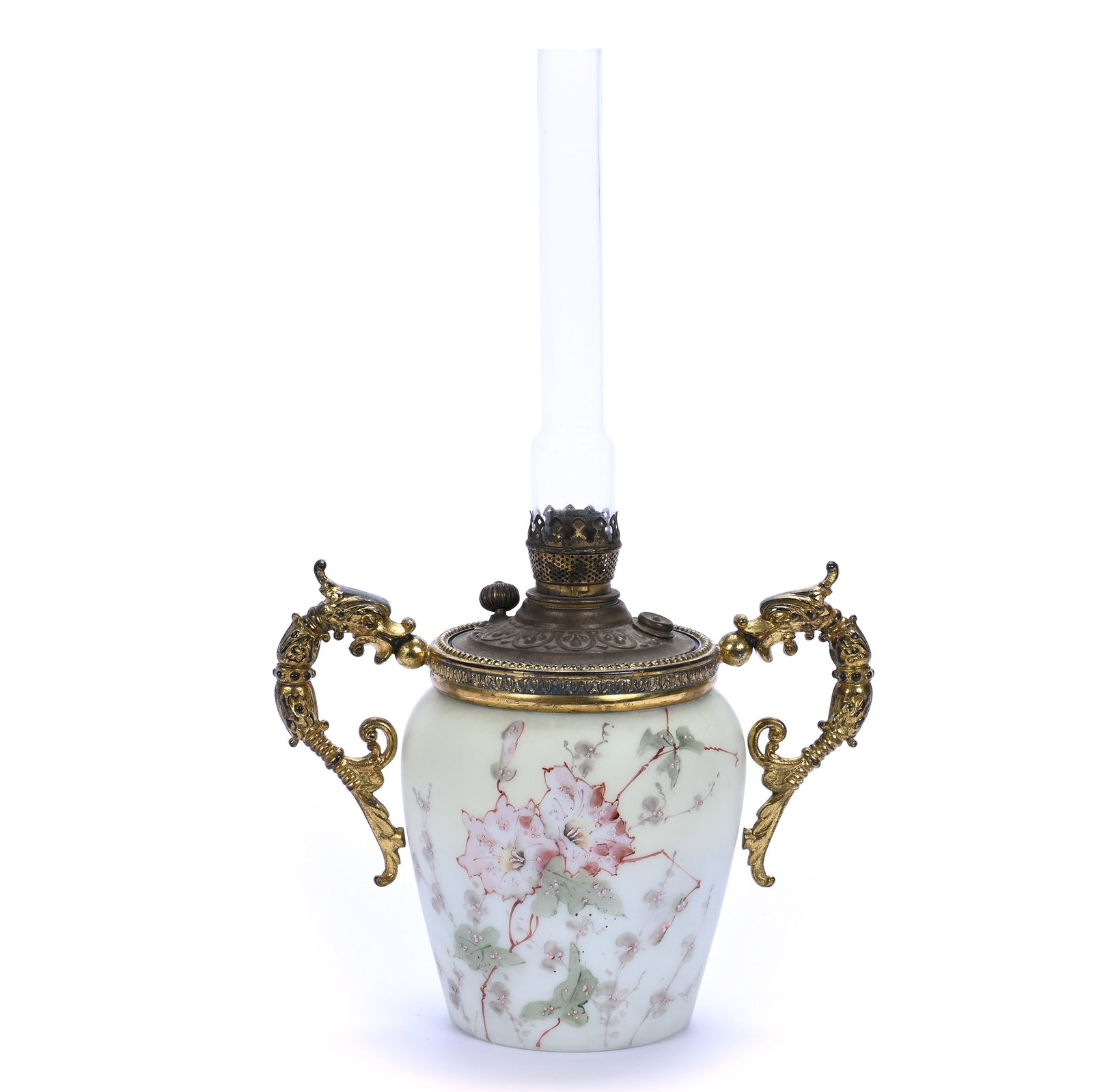 Two Handled Lamp Base, Unmarked Wave Crest: Two Handled Lamp Base, Unmarked Wave Crest, 8.75 x 9.75 x 5.75 Inches, Yellow And White With Pink Floral Decor, Figural Dolphin Gilt Metal Handles, Removable Font, Chimney Increases Height By 8", No