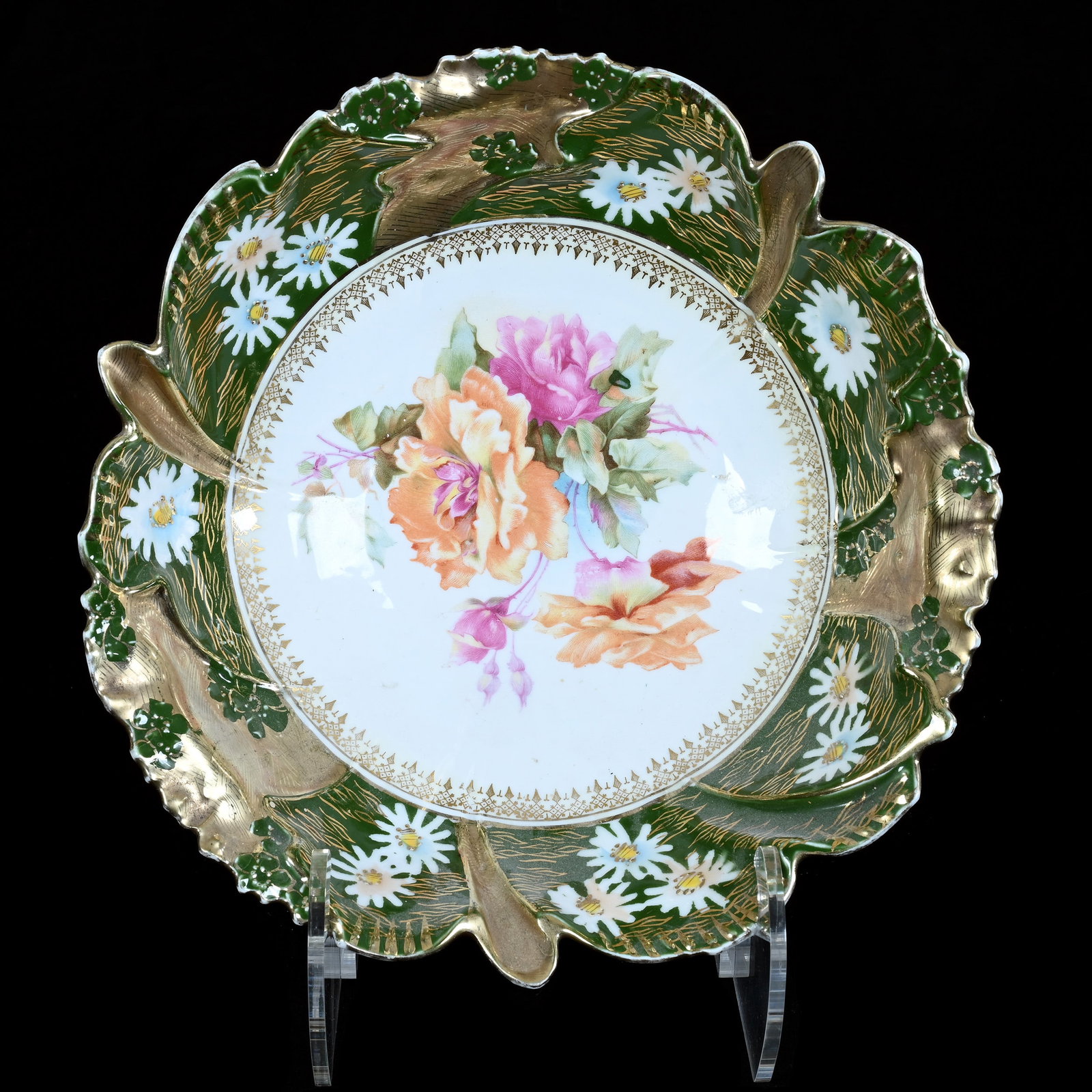 Bowl, Unmarked R.S. Prussia: Bowl, Unmarked R.S. Prussia, 10.25 x 10.25 x 2.75 Inches, White Center With Floral Decor, Beautiful Green Border With White Blossom And Gold Stencil Highlights, 1.2 Pounds, Grady and Annette Hite