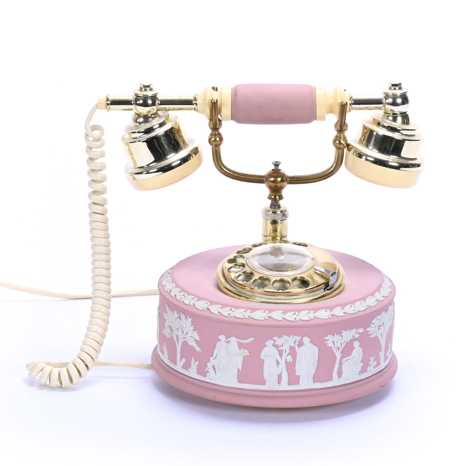 Rotary Dial Phone, Marked Wedgwood (Made In England): Rotary Dial Phone, Marked Wedgwood (Made In England), 8.5 x 9.5 x 7 Inches, Pink Jasperware With Classic White Decorative Relief, 4.7 Pounds, Grady and Annette Hite Collection, North Carolina.