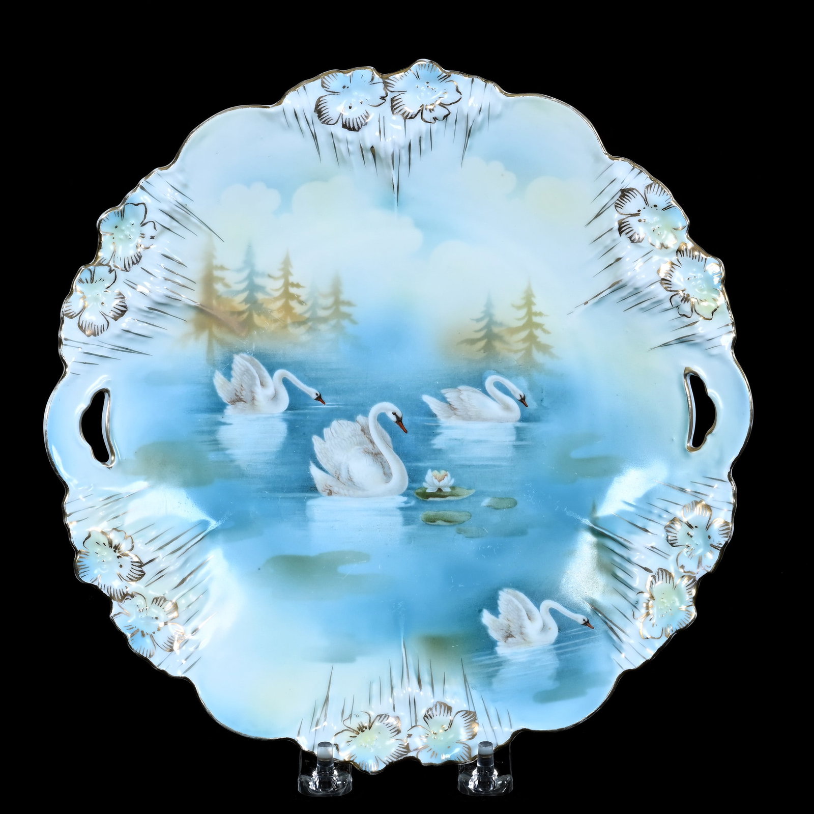 Two Handled Cake Plate, Unmarked R.S. Prussia, Icicle Mold: Two Handled Cake Plate, Unmarked R.S. Prussia, Icicle Mold, 9.75 x 9.75 x 1.5 Inches, Swan Scenic Decor, 0.9 Pounds, Grady and Annette Hite Collection, North Carolina. Effective 6/6/26, All