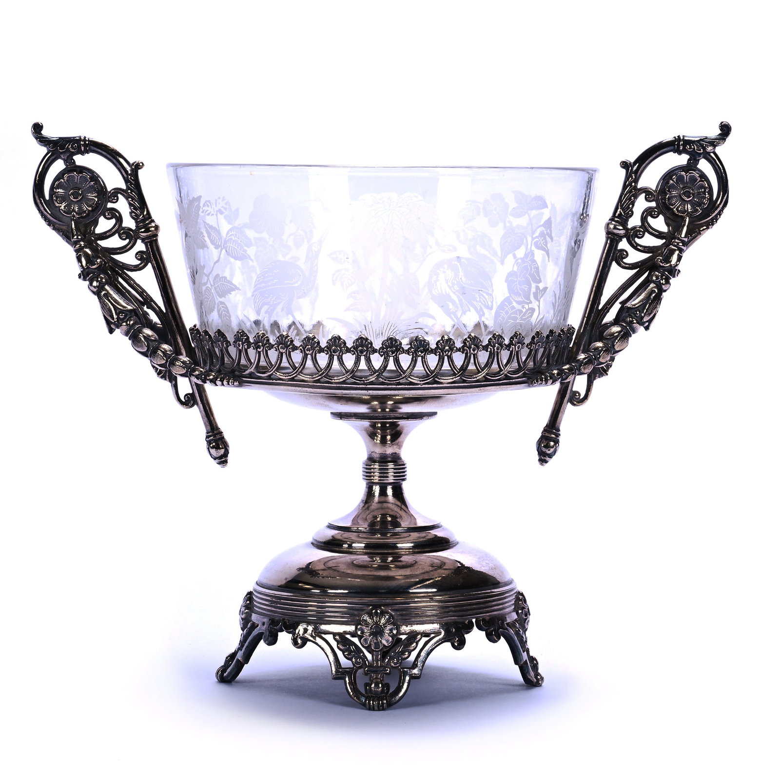 Pedestal Bowl: Pedestal Bowl, 6.5 x 8 x 5 Inches, Clear Glass Insert With Tropical Stork Design Set On Tufts #2476 Silverplate Stand, 1.4 Pounds, Grady and Annette Hite Collection, North Carolina. Effective 6/6/26,