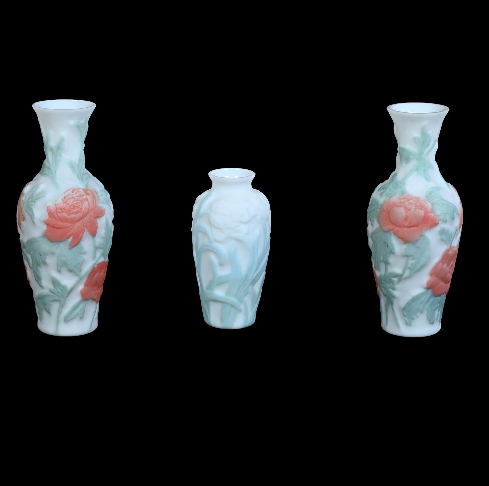 (3) Vases, Unmarked Phoenix Consolidated Art Glass: (3) Vases, Unmarked Phoenix Consolidated Art Glass, 9.25 x 4 x 4 Inches, White With Colored Relief, (2) With Peony Design, (1) 6.25" With Floral Design, 3.7 Pounds, Grady and Annette Hite Collection,