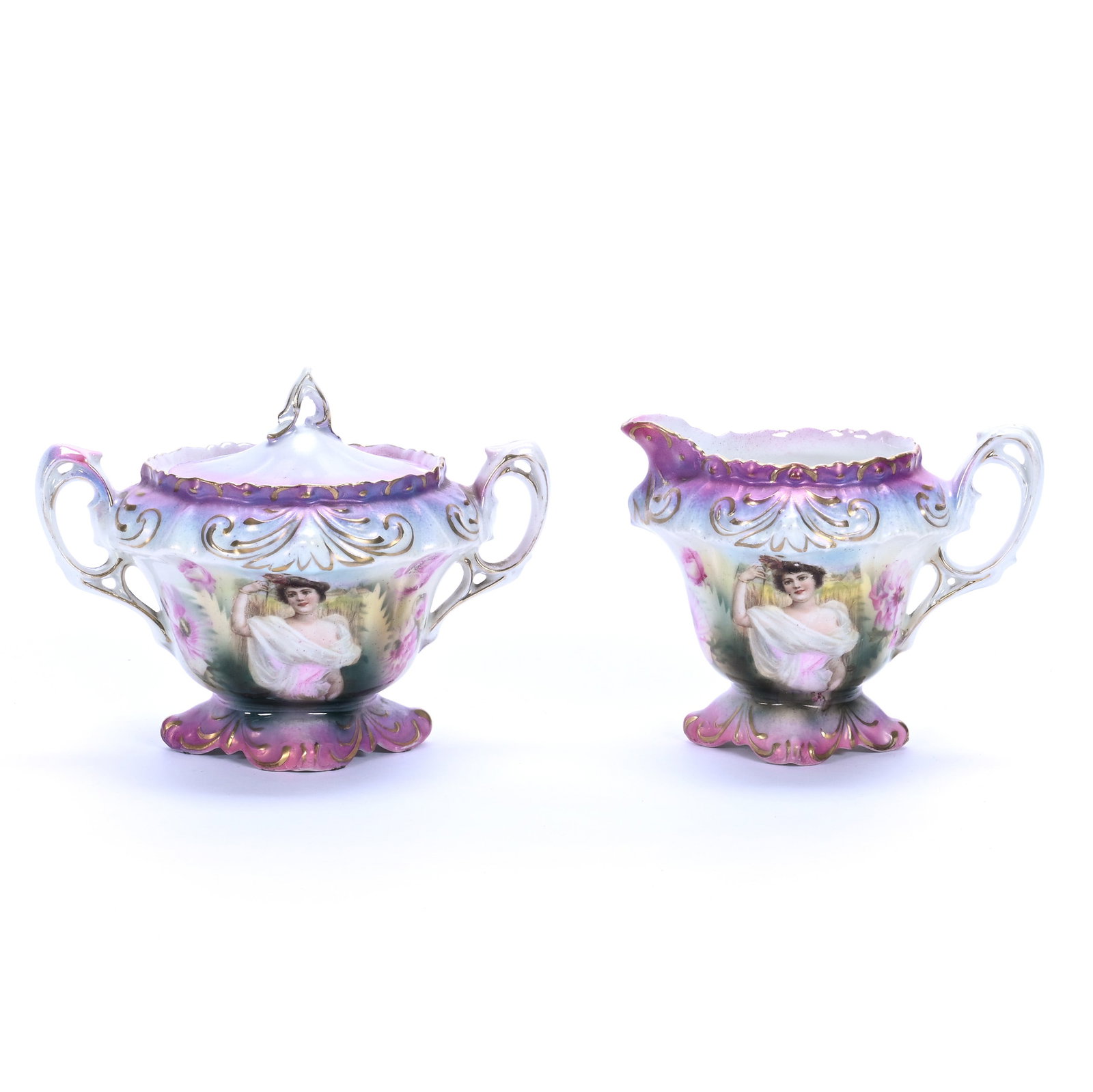 Creamer And Sugar, Marked R.S. Prussia, Fleur De Lys Mold: Creamer And Sugar, Marked R.S. Prussia, Fleur De Lys Mold, 4.5 x 5.75 x 4.5 Inches, Lavender, Blue, And White Satin Finish With Summer Season Portrait Decor, Lid On Sugar Has Rim Chips, 0.9 Pounds,