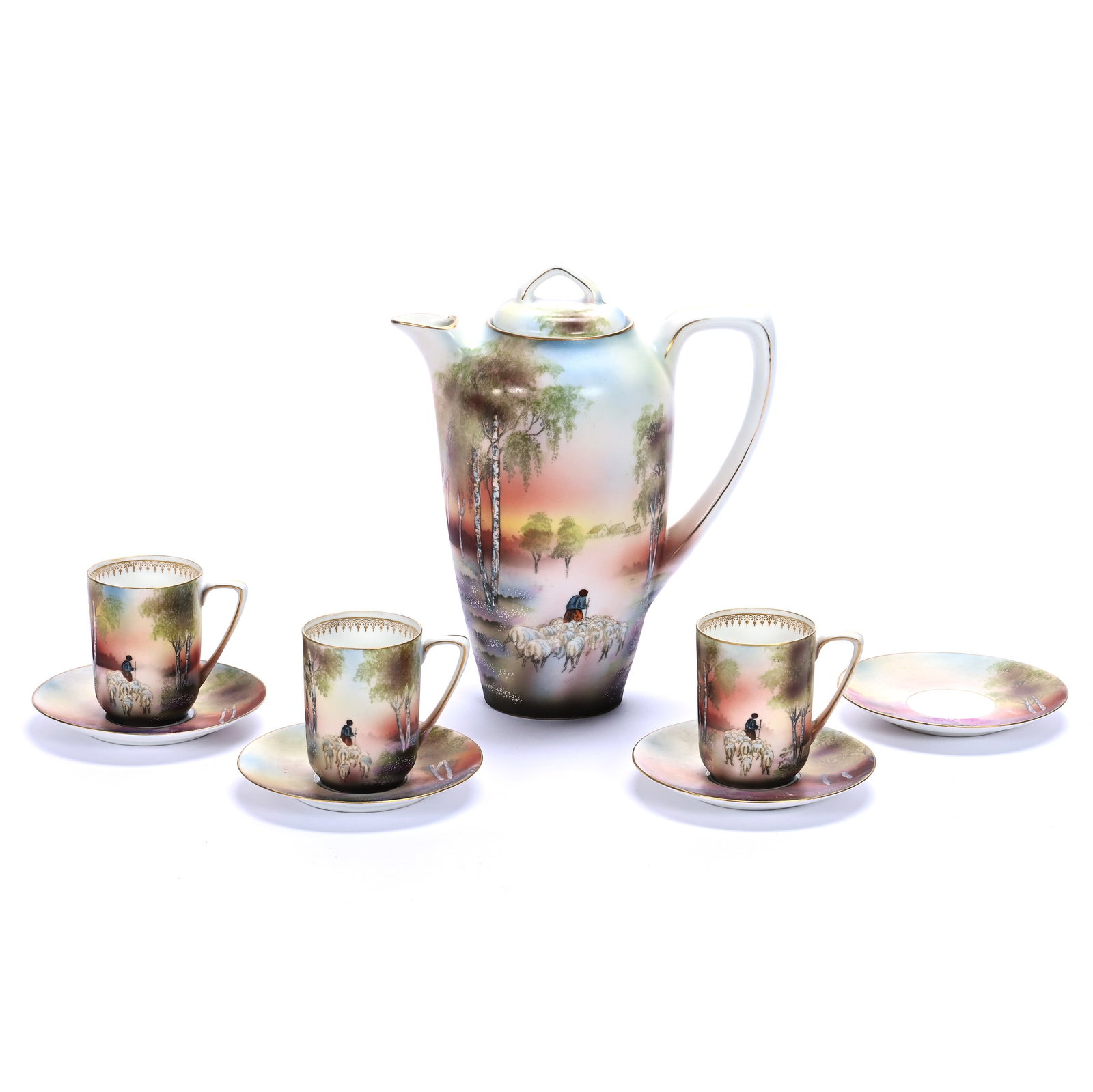 Chocolate Set, Marked R.S. Germany: Chocolate Set, Marked R.S. Germany, 9.25 x 7.75 x 4.5 Inches, Colorful Sheepherder Scenic Decor, Sells With (3) Cups And (4) Saucers, 2.2 Pounds, Grady and Annette Hite Collection, North Carolina.
