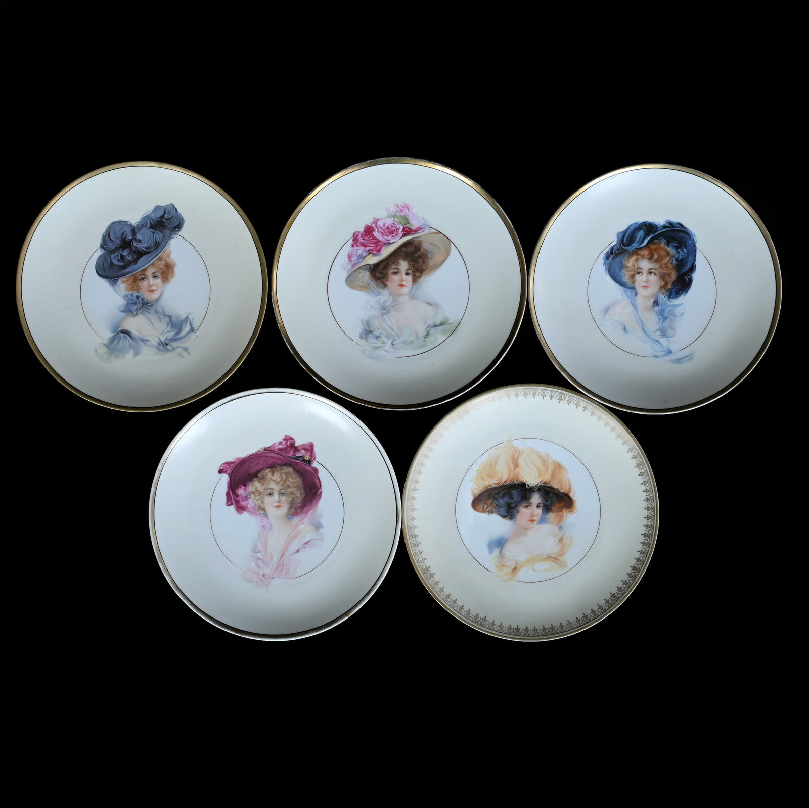 (5) Plates, Prussia Gryphon Mark: (5) Plates, Prussia Gryphon Mark, 8.5 x 8.5 x 1 Inches, Gibson Girl Portraits, Various Border Designs, 3.4 Pounds, Grady and Annette Hite Collection, North Carolina. Effective 6/6/26, All