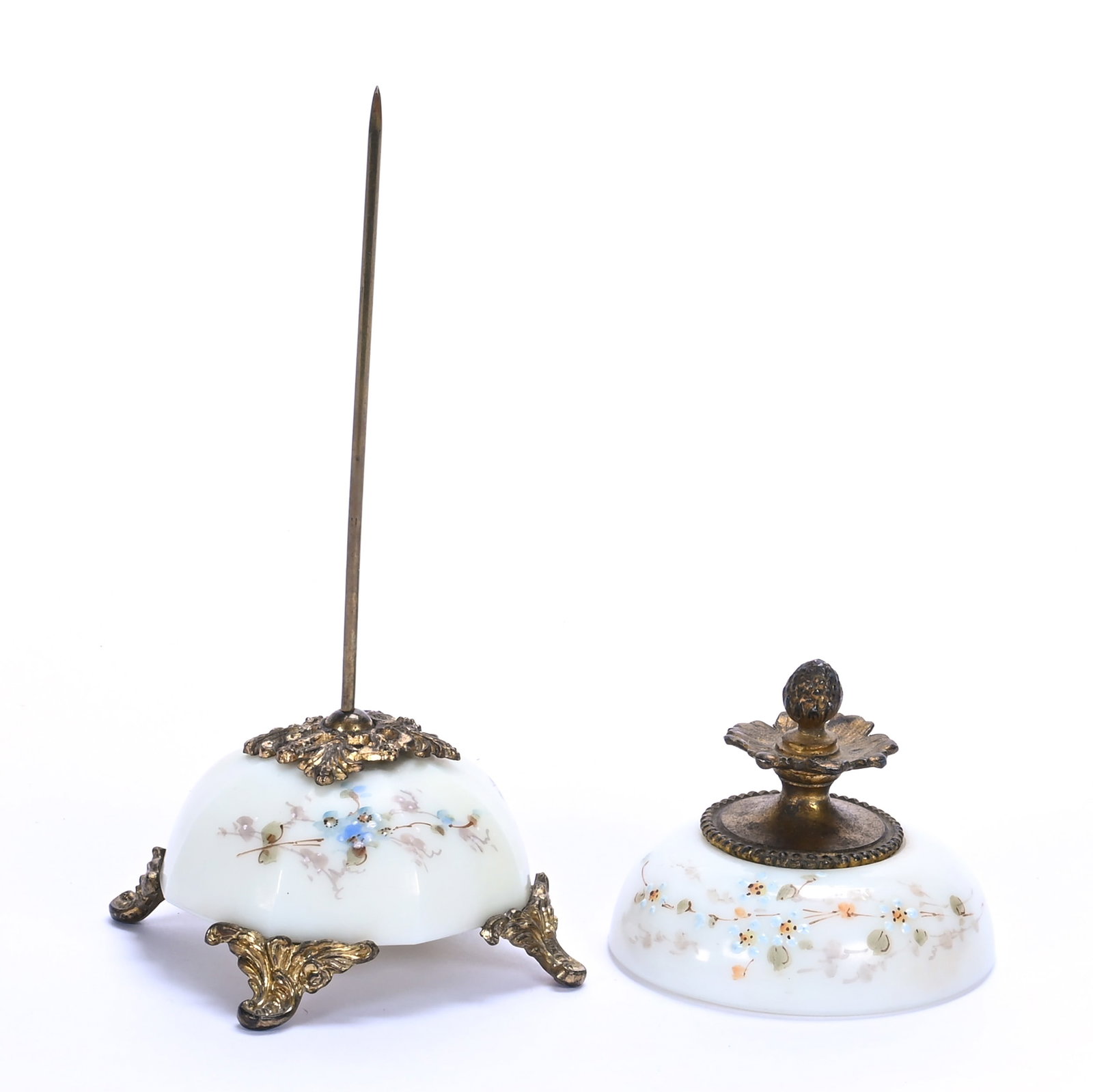 Pair Desk Items, Unmarked Wave Crest: Pair Desk Items, Unmarked Wave Crest, 7.5 x 3.5 x 3.5 Inches, White With Floral Decor, Gilt Metal Fittings, (1) Receipt Holder, (1) 2.75" Paper Weight, 1 Pound, Grady and Annette Hite Collection,