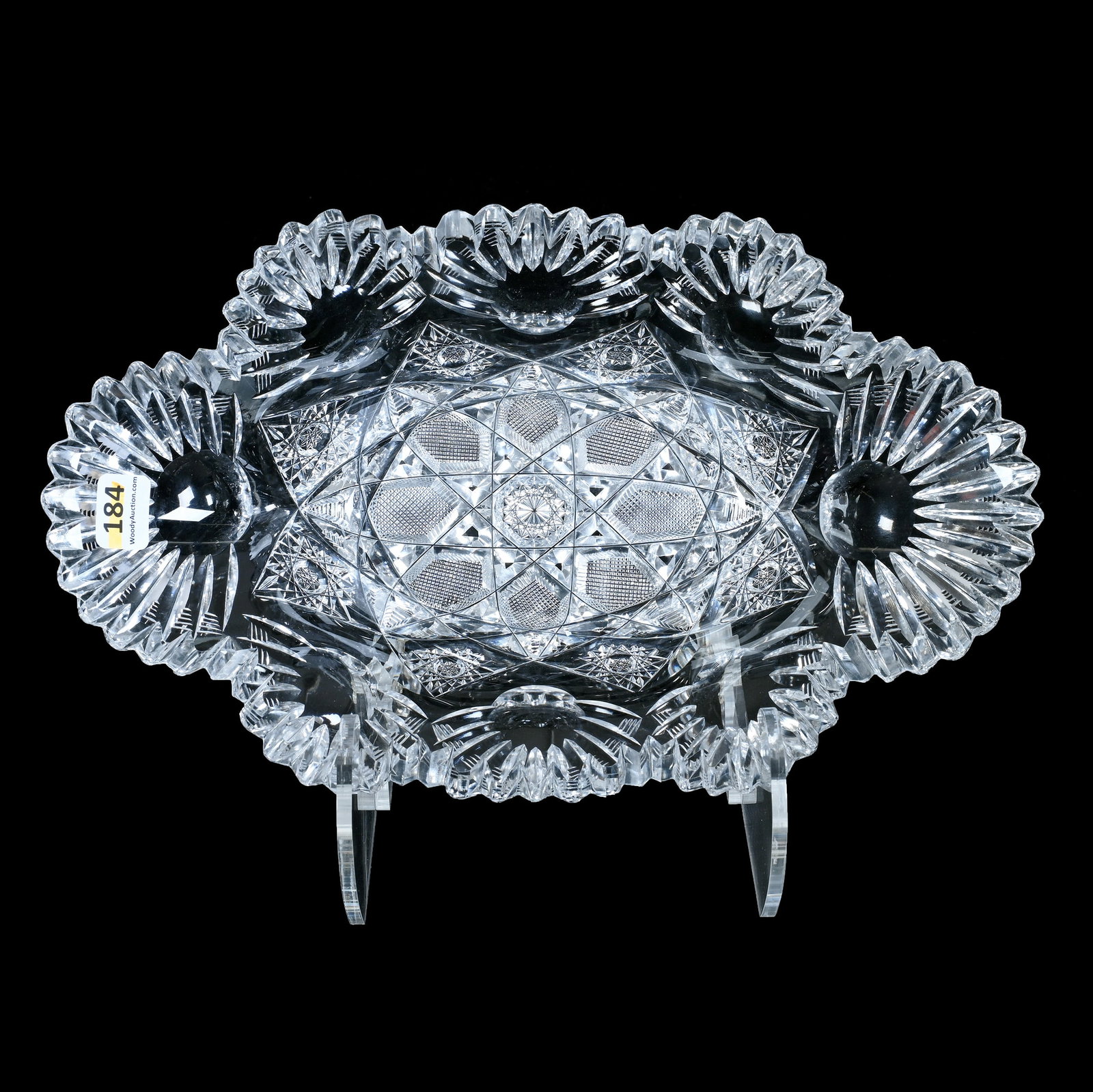 Oval Bowl, American Brilliant Cut Glass: Oval Bowl, American Brilliant Cut Glass, 11.75 x 7 x 3 Inches, Hobstar, Crosscutting, Bulls Eye, And Miter Motif, Heavy Clear Blank, One Tooth With Minor Roughness, Pattern Bruise, 4.1 Pounds, Grady