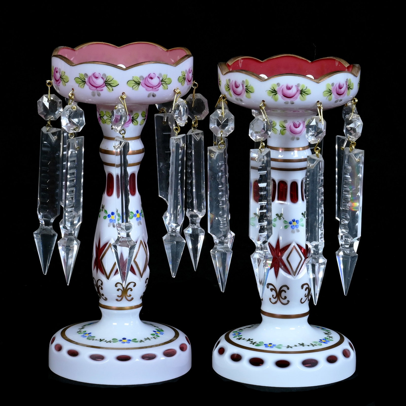 Pair Candle Lusters: Pair Candle Lusters, 8.5 x 4 x 4 Inches, Cranberry With White Cutback Overlay, Enamel Floral Decor, Circa 1960s, Slight Height Variation, 2.7 Pounds, Grady and Annette Hite Collection, North