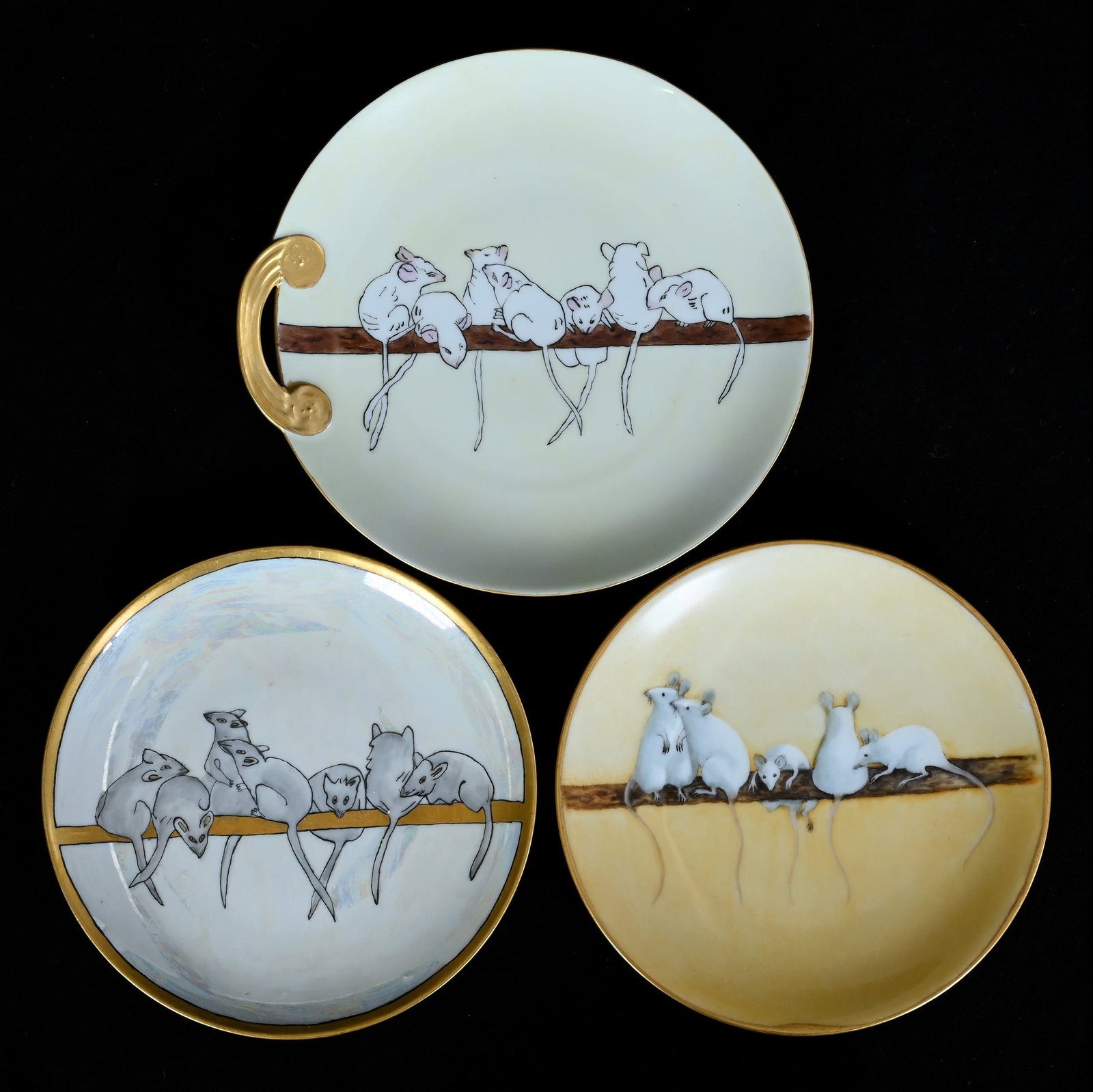 (3) Plates, R.S. Germany And R.S. Germany Style: (3) Plates, R.S. Germany And R.S. Germany Style, 7.5 x 7 x 1 Inches, Hand Painted Mice On Rope Decor, (2) 6.25" Smaller Plates, 1.2 Pounds, Grady and Annette Hite Collection, North Carolina.