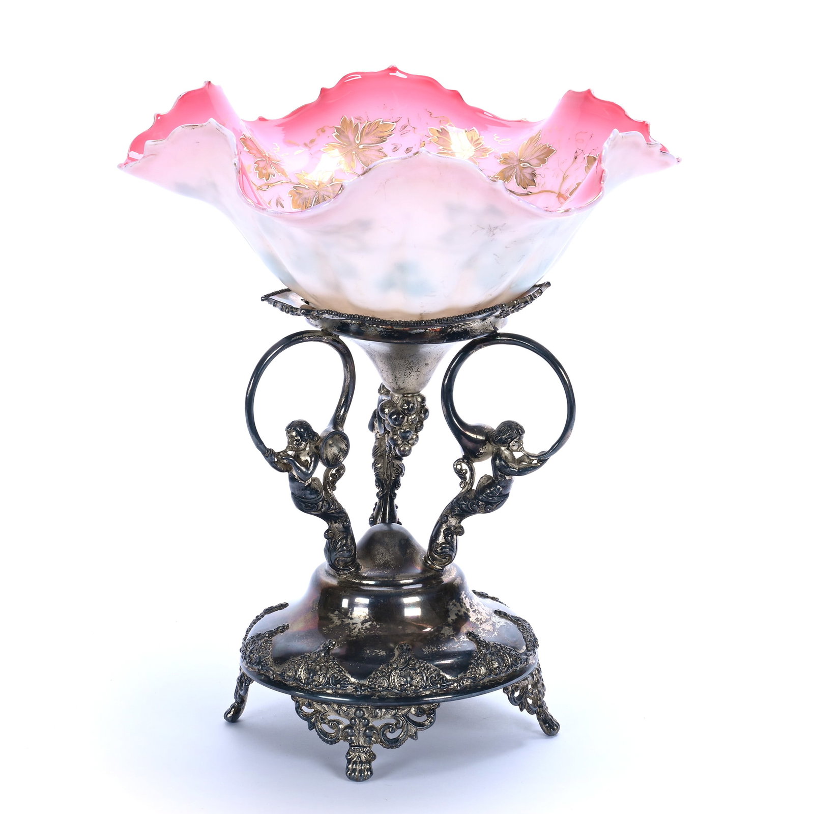 Victorian Brides Basket, Pink And White Cased Art Glass Bowl With Gold Leaf And Silver Blossom Decor (1 of 5)