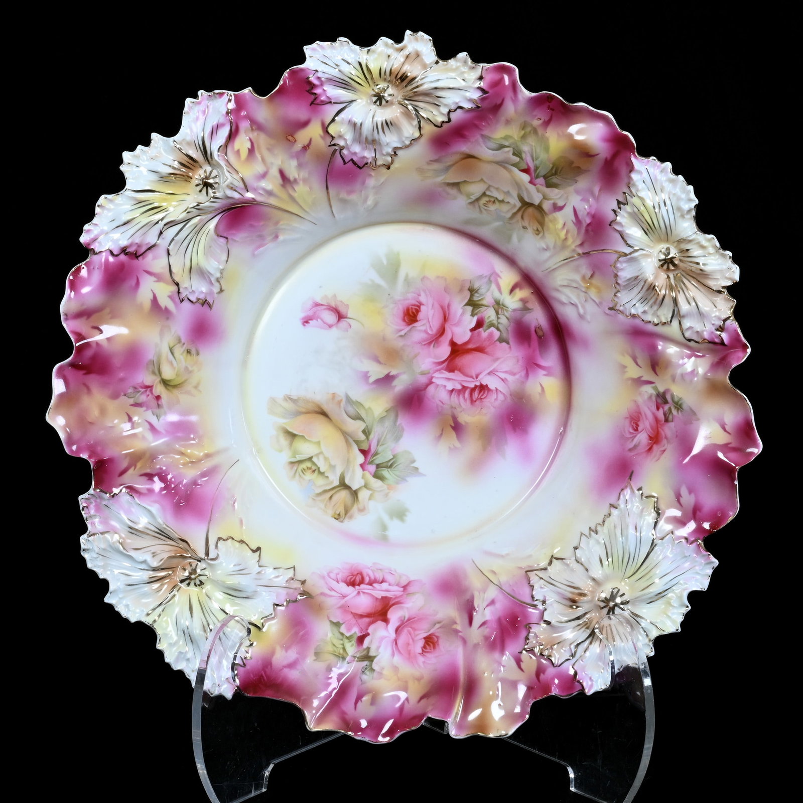 Center Bowl, Marked R.S. Prussia, Carnation Mold: Center Bowl, Marked R.S. Prussia, Carnation Mold, 15 x 15 x 3.5 Inches, Pink, Yellow, And White Tones With Pink And Yellow Rose Decor And Gold Trim Highlights, 2.6 Pounds, Grady and Annette Hite