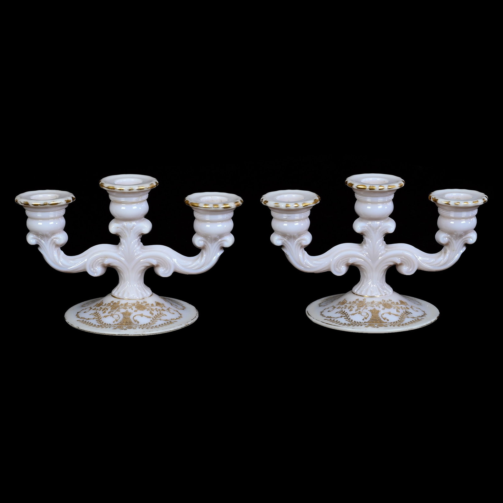 Pair Three Arm Candelabra, Cambridge Crown Tuscan: Pair Three Arm Candelabra, Cambridge Crown Tuscan, 5 x 8.25 x 5 Inches, Portia Pattern, 2.7 Pounds, Grady and Annette Hite Collection, North Carolina. Effective 6/6/26, All LiveAuctioneers Invoices