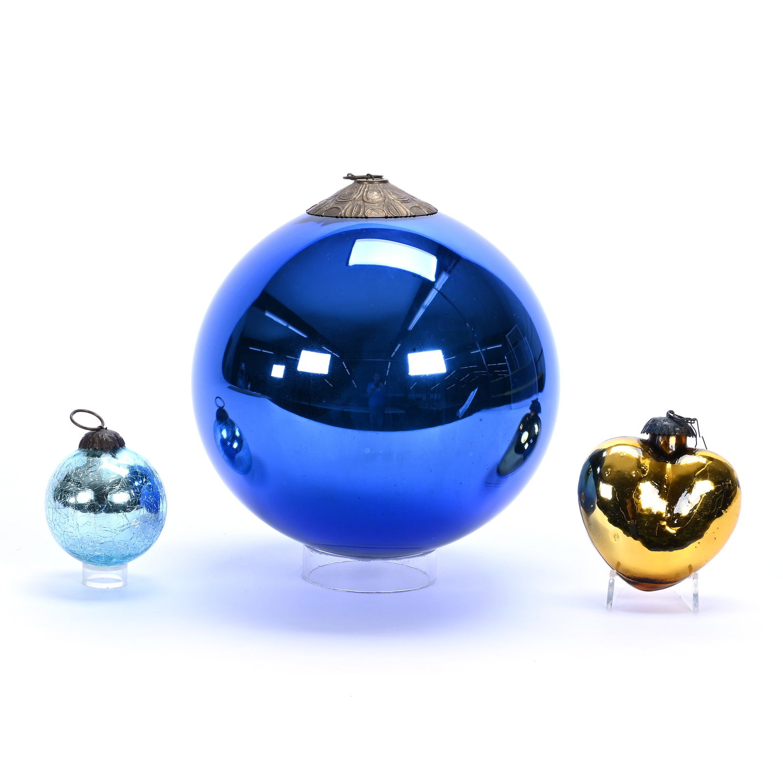 Vintage Glass Kugel Ornament: Vintage Glass Kugel Ornament, 8 x 8 x 8 Inches, Sells With (2) Smaller Glass Ornaments, (1) 3" Round Blue, (1) 4" Heart Shaped Amber, 1.4 Pounds, Grady and Annette Hite Collection, North Carolina.