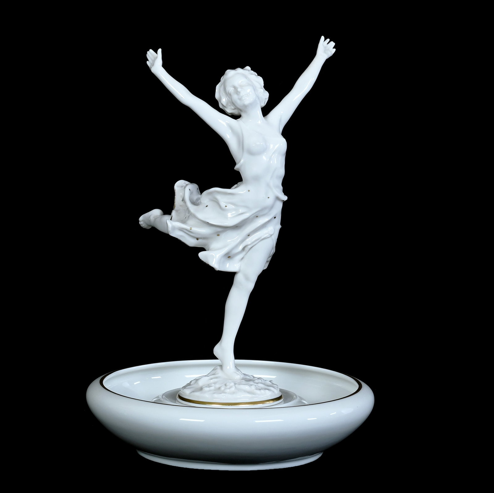 Centerpiece, Marked Hutschenreuther: Centerpiece, Marked Hutschenreuther, 12.5 x 9 x 9 Inches, White Porcelain Bowl With Attached Flower Frog Center, Removable Dancing Woman Figurine, 2.8 Pounds, Grady and Annette Hite Collection, North 