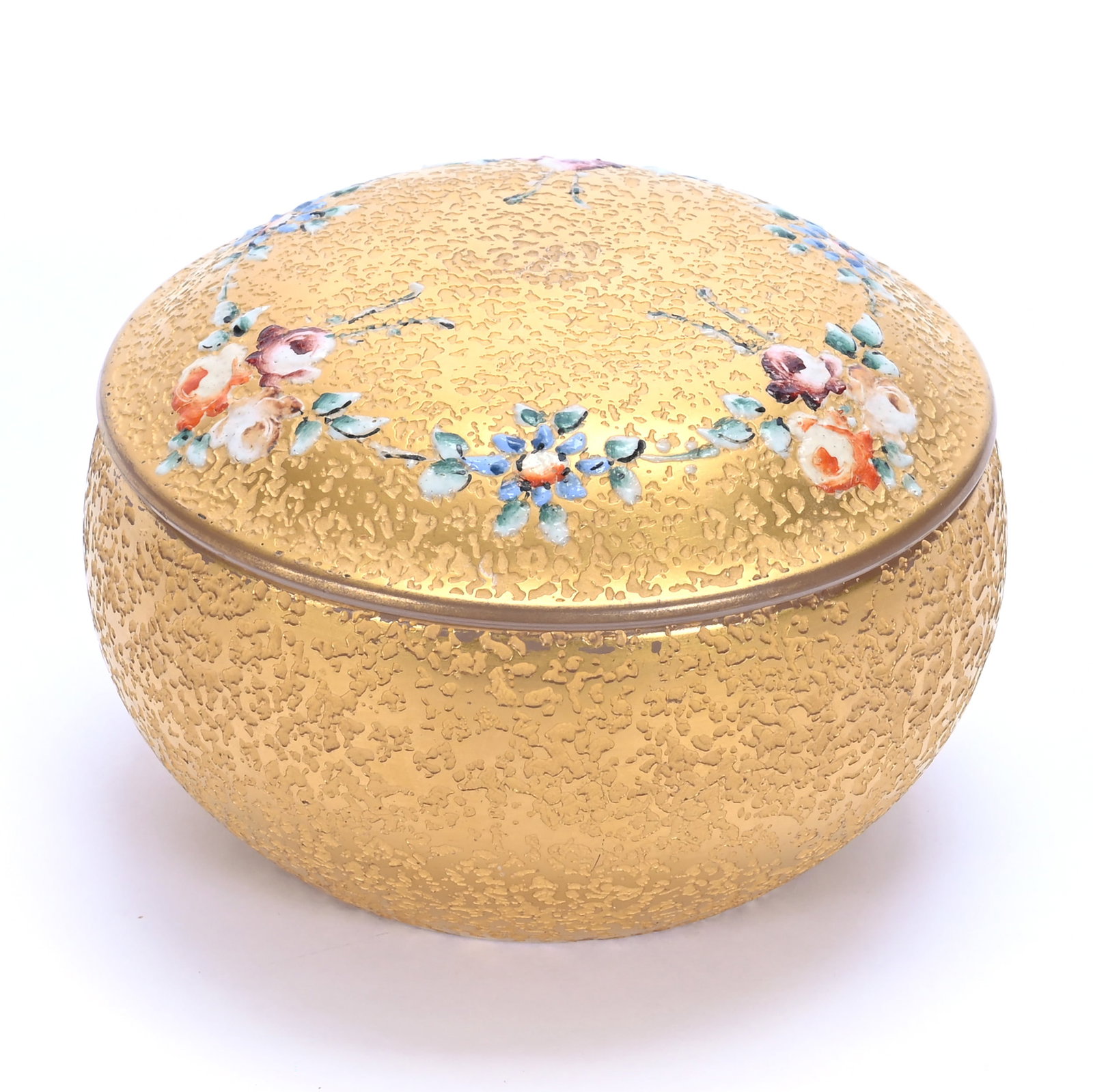 Covered Powder Box: Covered Powder Box, 3.25 x 4.75 x 4.75 Inches, Clear Frosted Jar With Textured Surface And Heavy Gold Overlay, Enamel Floral Highlights, 0.9 Pounds, Grady and Annette Hite Collection, North Carolina.