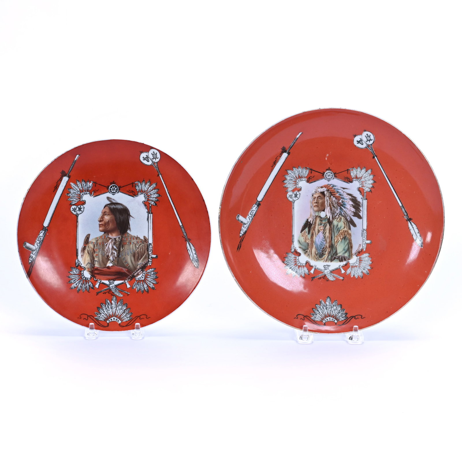 (2) Plates, Marked E.S. Germany: (2) Plates, Marked E.S. Germany, 10 x 10 x 1.5 Inches, Native American Portraits With Red Background, Larger Shows Chief High Hawk, Smaller 8.5" Plate Shows Brave Left Hand Bear, 1.6 Pounds, Grady