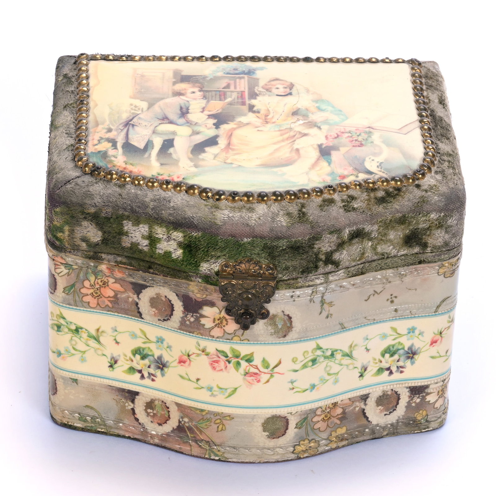 Victorian Collars And Cuffs Box, Celluloid Courting Scene On Lid: Victorian Collars And Cuffs Box, Celluloid Courting Scene On Lid, 5.25 x 7.5 x 6.5 Inches, Fabric And Celluloid Border Highlights, Original Pink Silk Interior, Celluloid On Lid Has Crack, 1.3 Pounds,