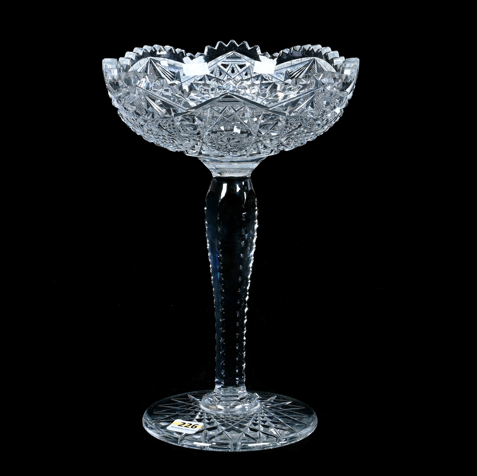 Compote, American Brilliant Cut Glass: Compote, American Brilliant Cut Glass, 10.5 x 7 x 7 Inches, Hobstar And Nailhead Diamond Motif, Solid Notched Stem, Hobstar Foot, 3.5 Pounds, Grady and Annette Hite Collection, North Carolina.