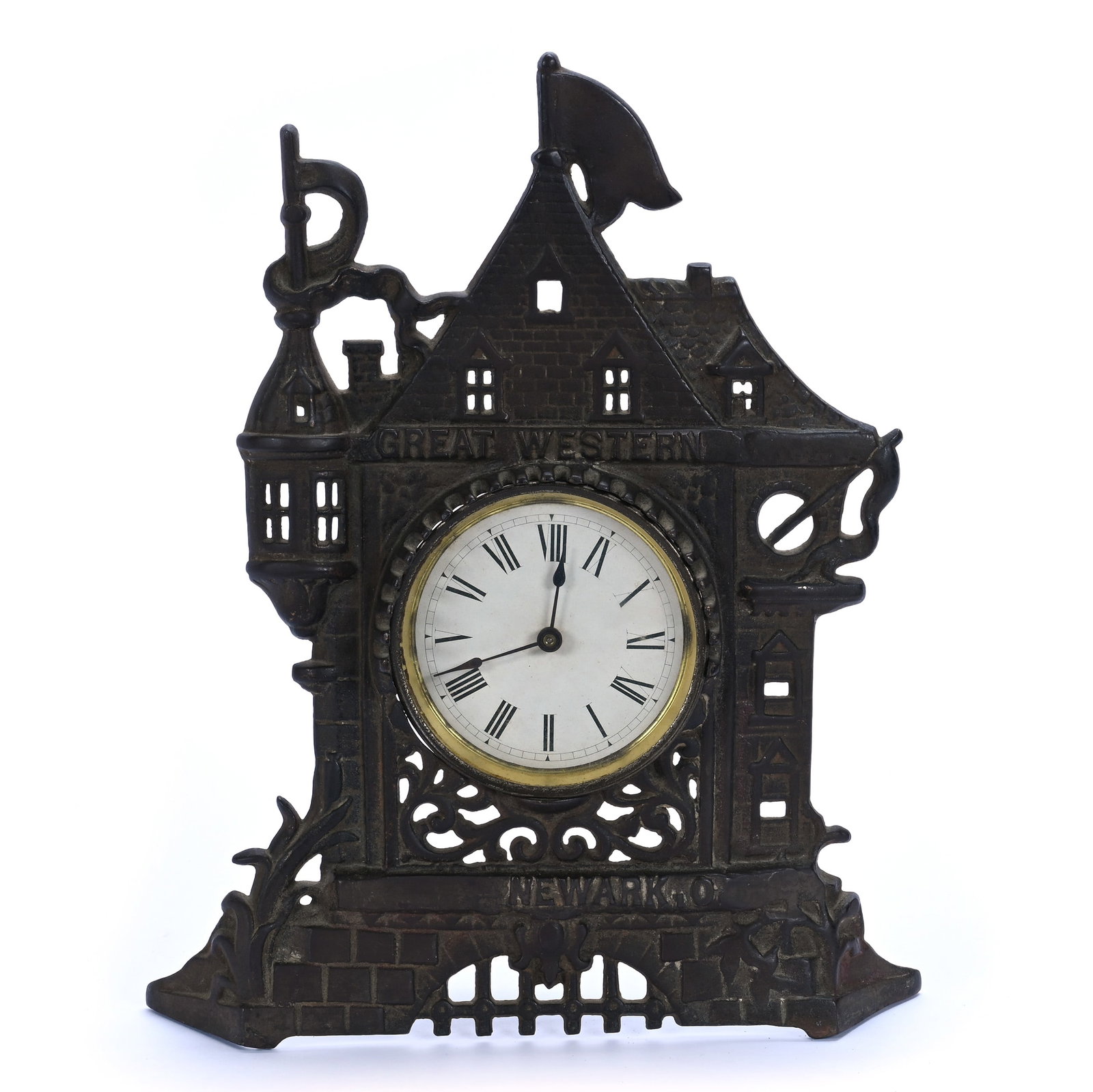 Cast Iron Figural Clock: Cast Iron Figural Clock, 12.75 x 10.25 x 3 Inches, Great Western Newark Castle Made By Regent Manufacturing Of Chicago, 3.9 Pounds, Grady and Annette Hite Collection, North Carolina. Effective