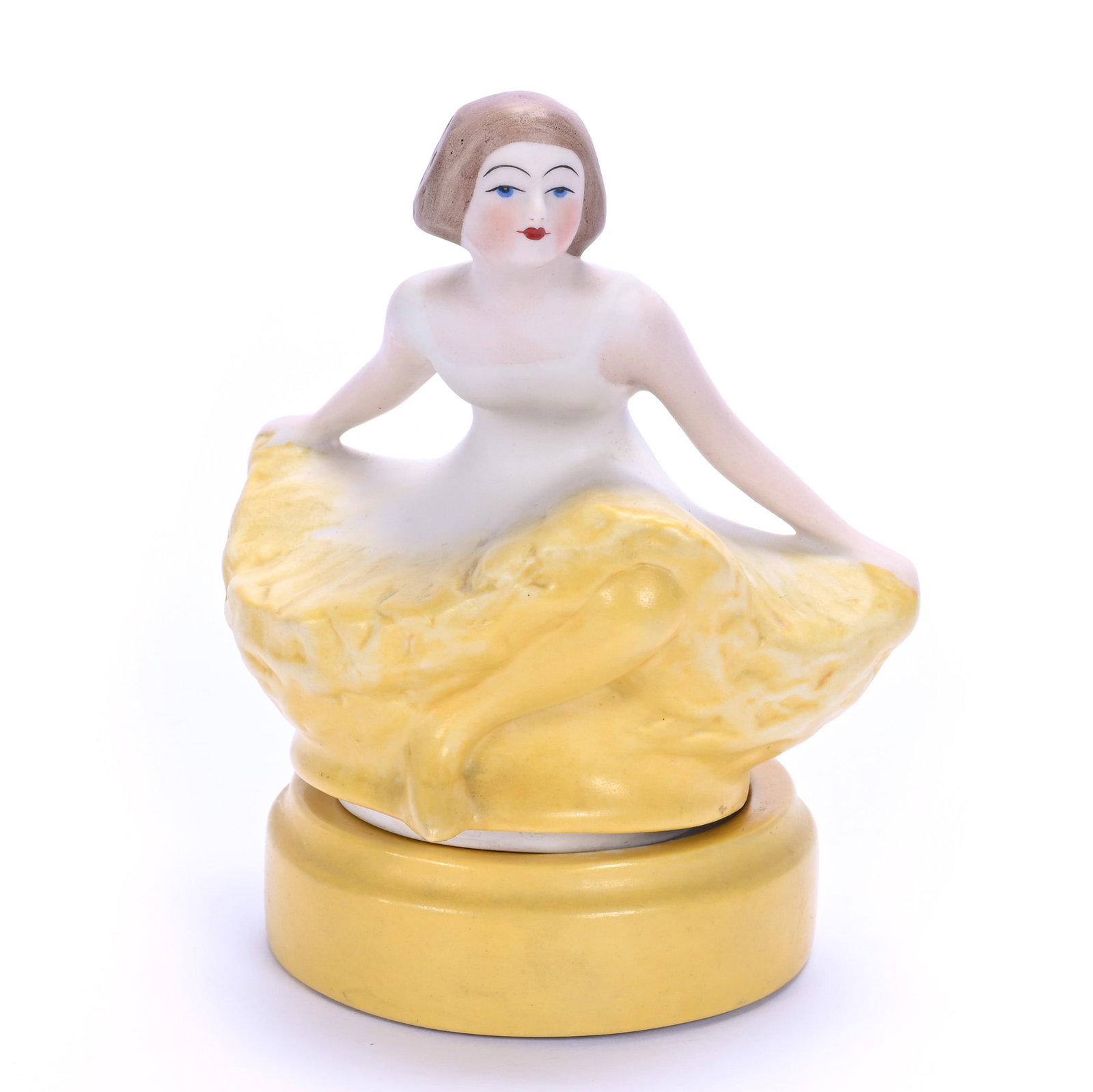 Figural Perfume Lamp: Figural Perfume Lamp, 6.25 x 4.5 x 4.5 Inches, American Fulper Art Pottery Dancer In Yellow Dress, Model #310, Needs To Be Rewired, 1.2 Pounds, Grady and Annette Hite Collection, North Carolina.