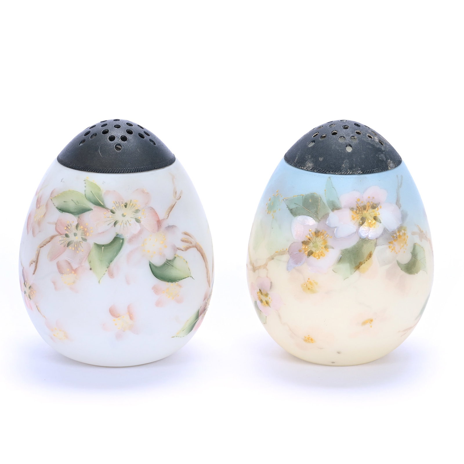(2) Sugar Shakers, Unmarked Mt Washington, Egg Shaped: (2) Sugar Shakers, Unmarked Mt Washington, Egg Shaped, 4.25 x 3.5 x 3.5 Inches, (1) Blue And Yellow With Floral Decor, (1) White With Pink Blossom Decor, 1 Pound, Grady and Annette Hite Collection,