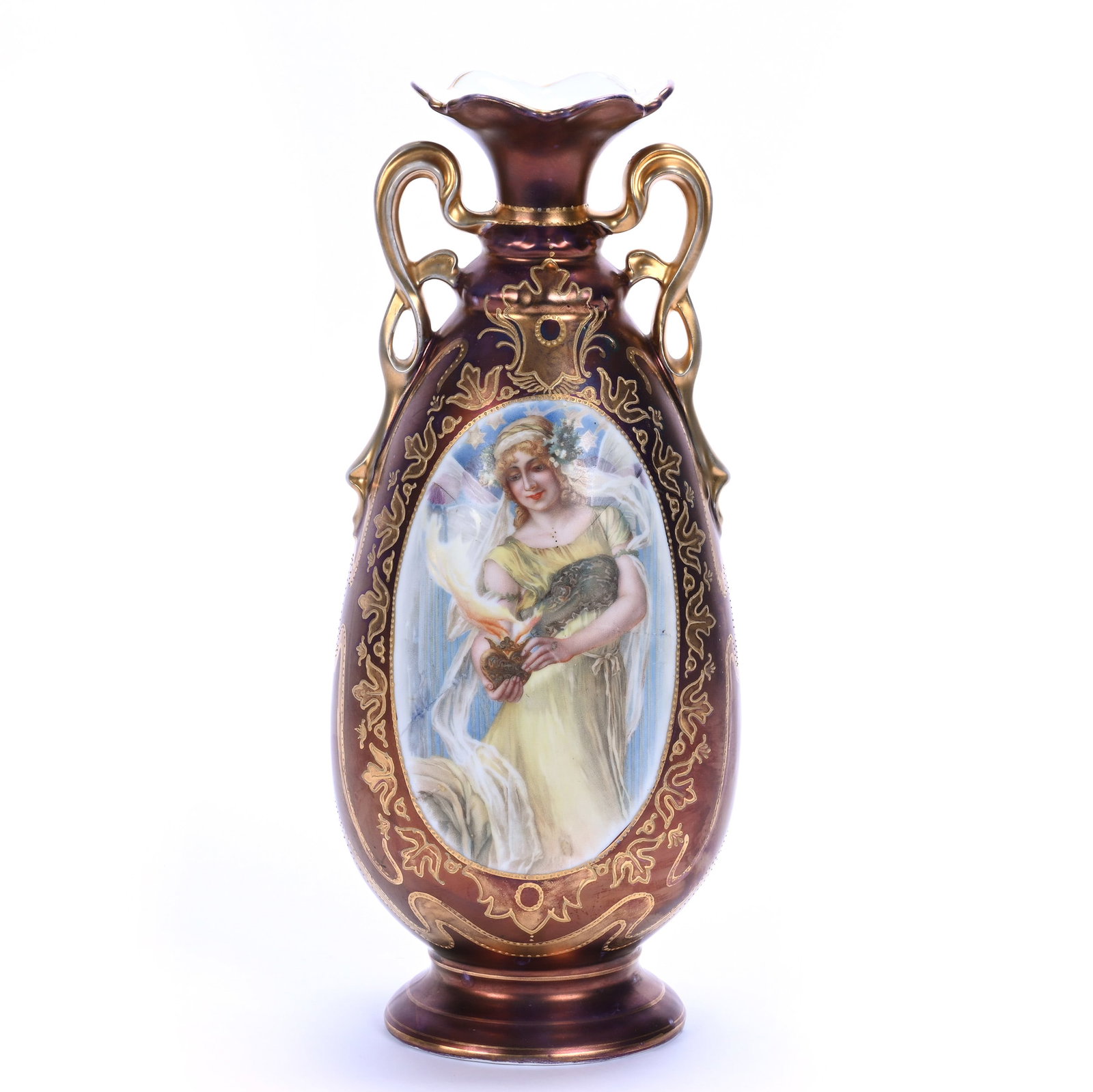 Two Handled Vase, Marked Prov Saxe: Two Handled Vase, Marked Prov Saxe, 12.5 x 5.5 x 4.5 Inches, Medallion Scene Of Woman Holding Heart On Fire, Iridescent Bronze Background, 2.7 Pounds, Grady and Annette Hite Collection, North