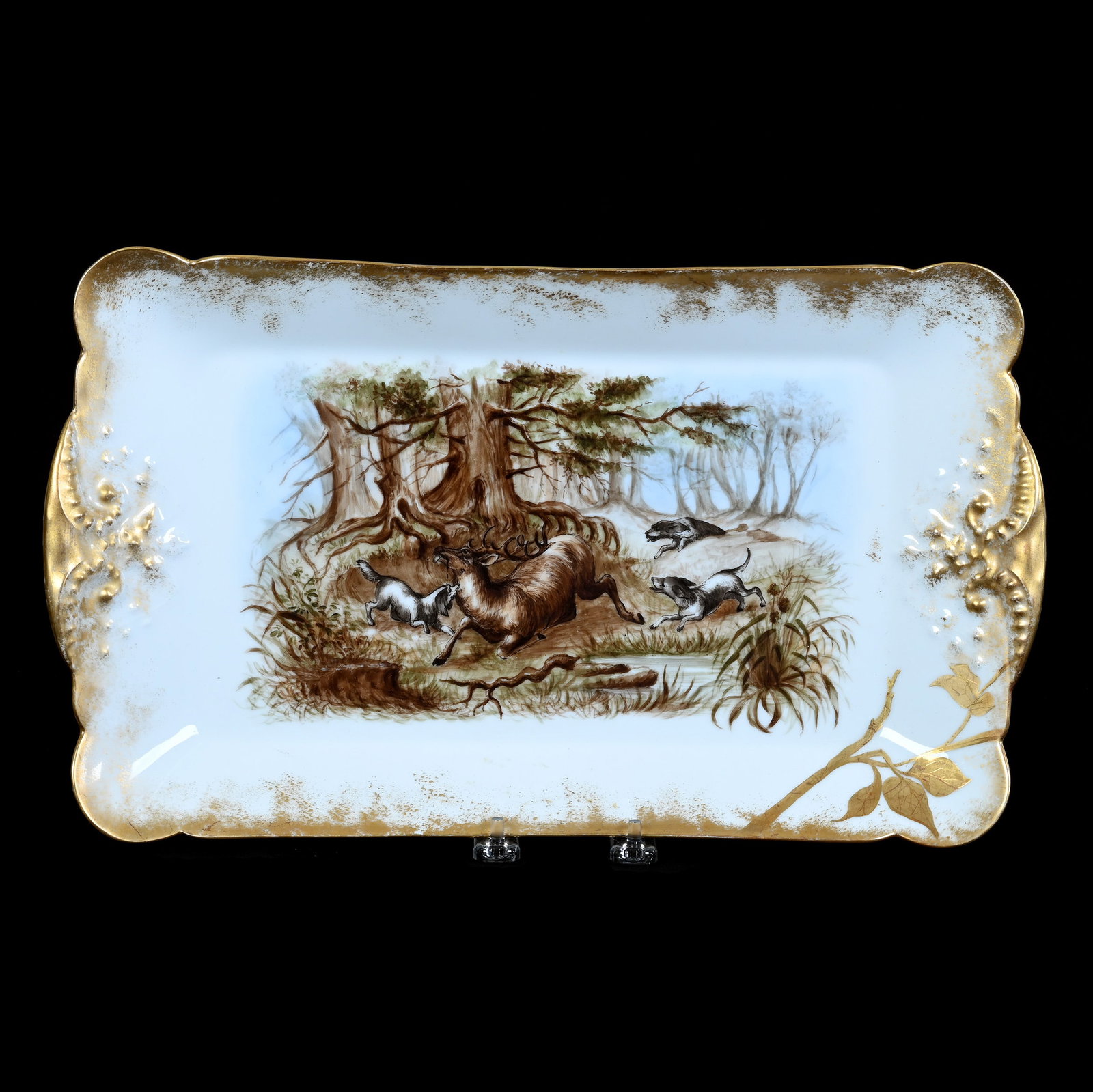 Serving Tray, Marked Limoges: Serving Tray, Marked Limoges, 16 x 9.5 x 1.75 Inches, White With Hand Painted Hound And Stag Hunt Scenic Decor, Heavy Gold Trim, 3.5 Pounds, Grady and Annette Hite Collection, North Carolina.