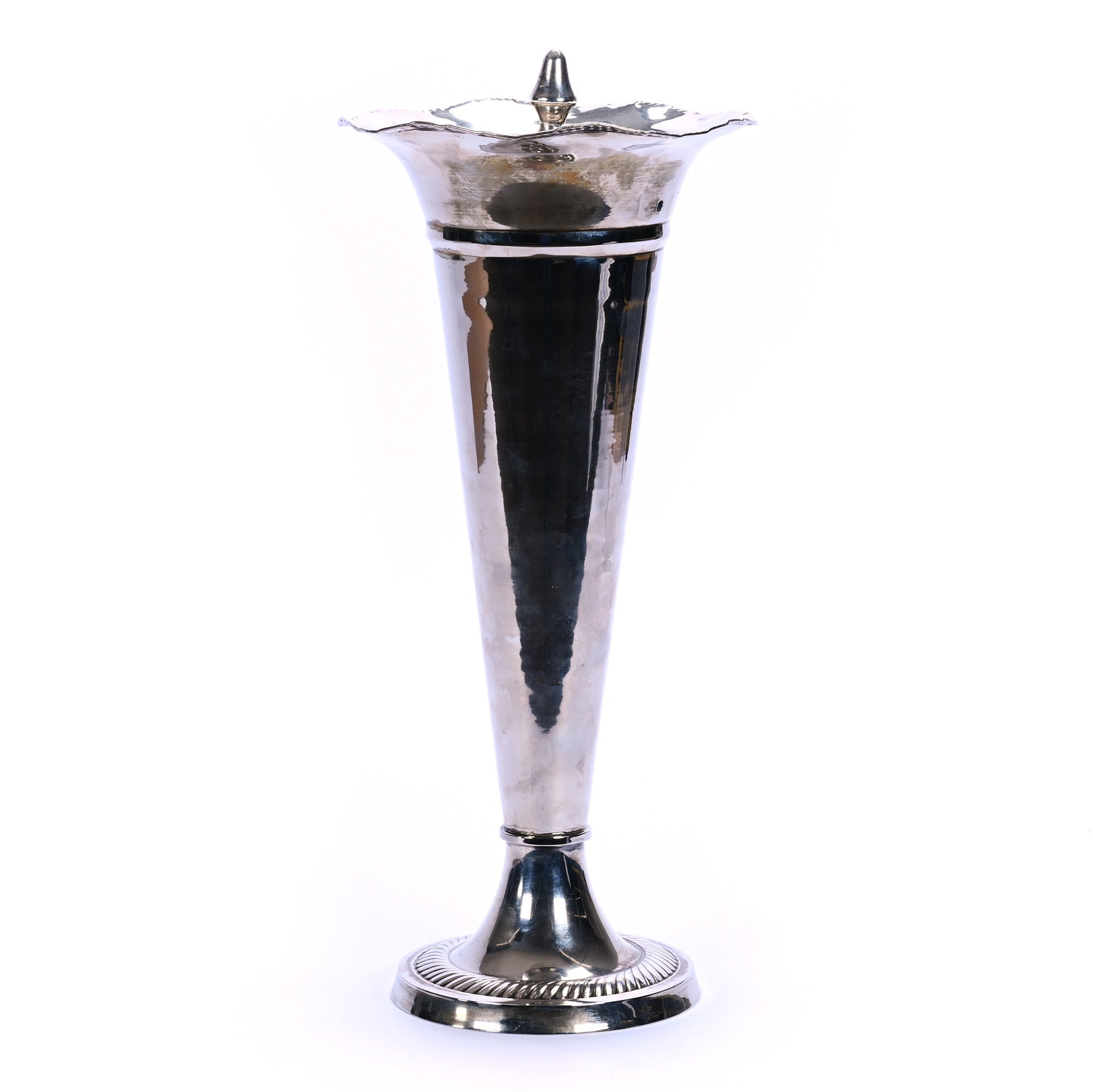 Trumpet Vase, Unmarked Silverplate: Trumpet Vase, Unmarked Silverplate, 17.25 x 8 x 8 Inches, Sells With Sterling Silver Lid That Fits Surprisingly Well On The Inside Rim, 2.4 Pounds, Grady and Annette Hite Collection, North Carolina.