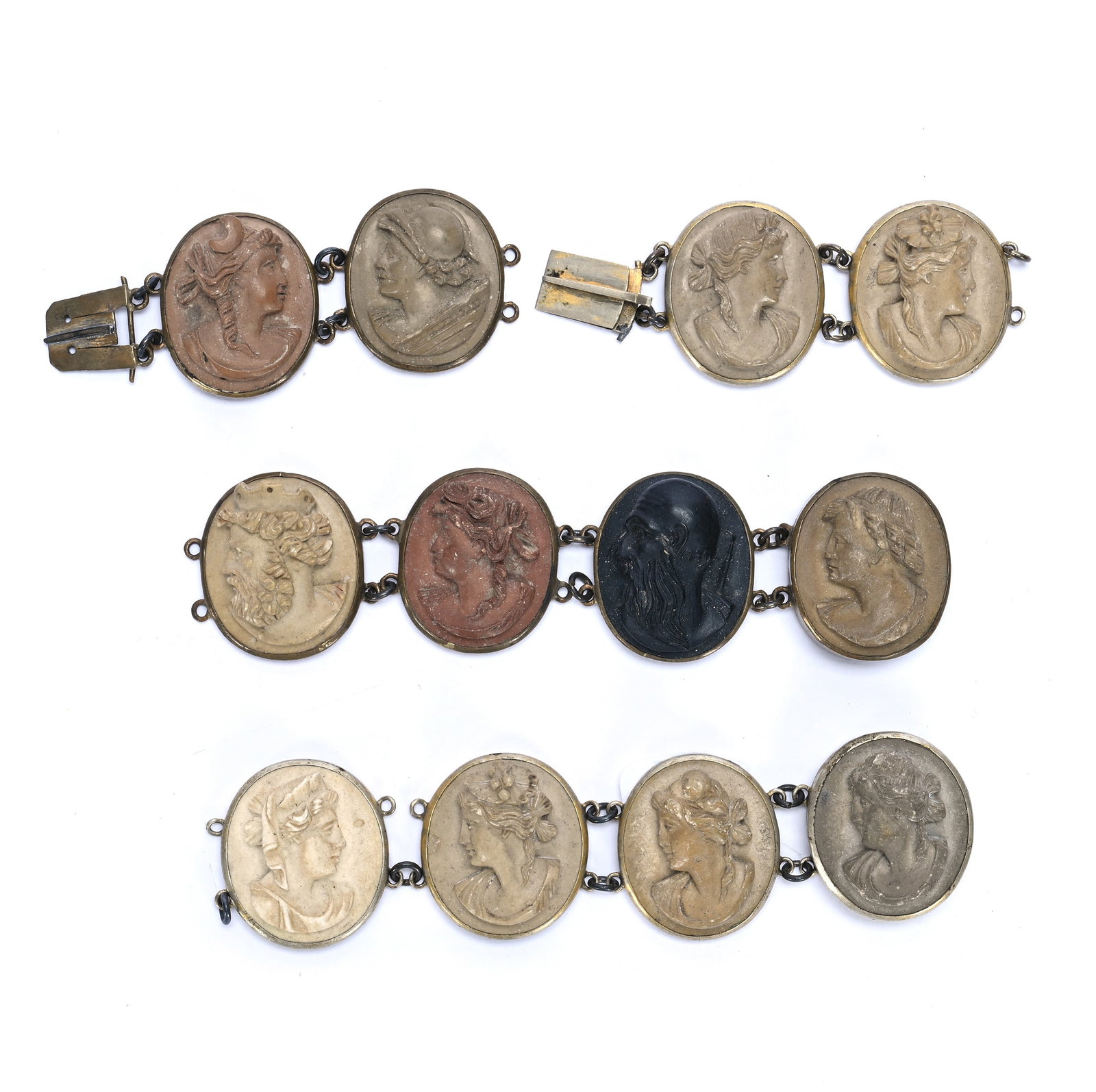 (12) Volcanic Carved Cameo Medallions: (12) Volcanic Carved Cameo Medallions, 1 x 0.875 x 0.5 Inches, Featuring (12) Distinct Portrait Busts, Some Medallions Separated From Chain, Rare Grouping, Original Mt. Vesuvius Near Italy, Late 19th