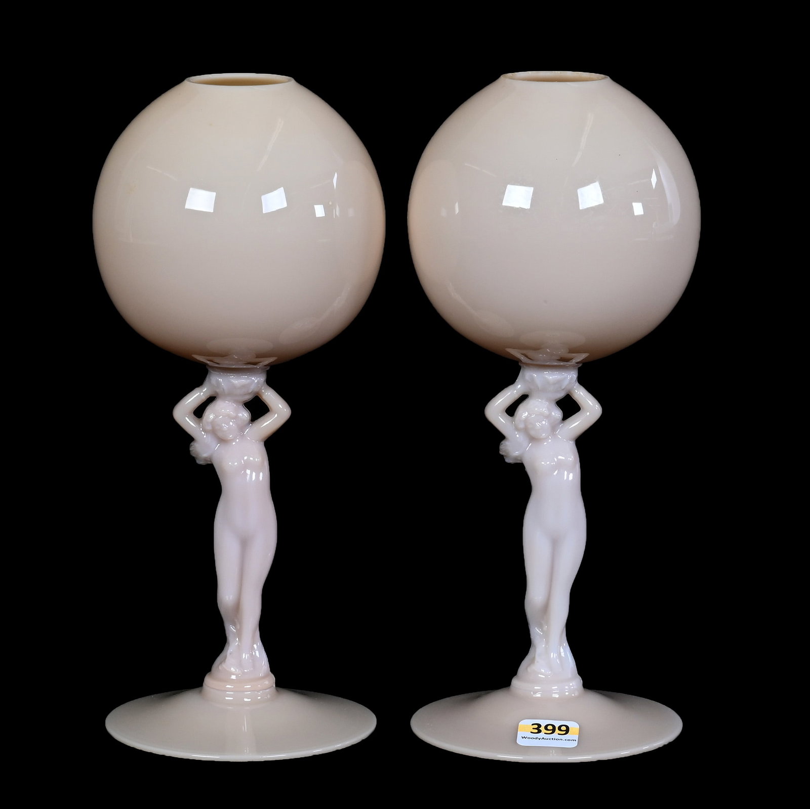 Pair Pedestal Rose Globes, Cambridge Statuesque Line: Pair Pedestal Rose Globes, Cambridge Statuesque Line, 9.5 x 4 x 4 Inches, Crown Tuscan, Figural Nude Stems, 1.6 Pounds, Grady and Annette Hite Collection, North Carolina. Effective 6/6/26, All