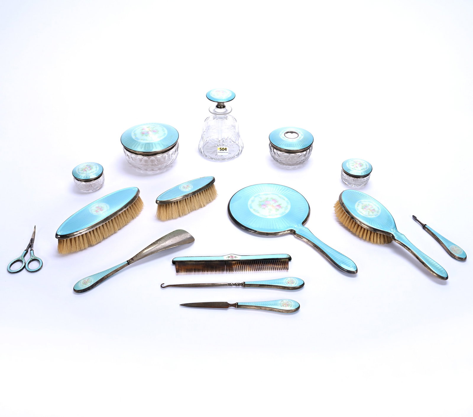 (15) Piece Vanity Set, Sterling And Guilloche Enamel (1 of 5)