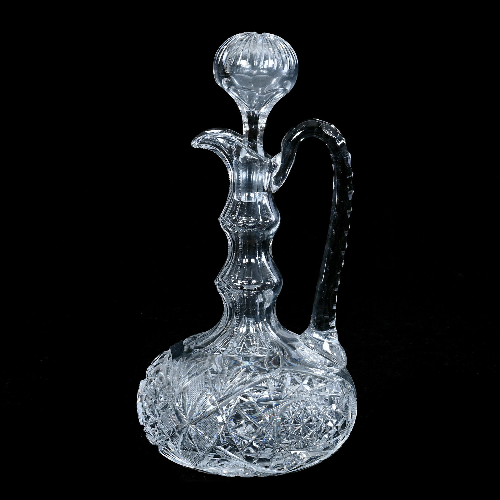 Double Gooseneck Decanter, American Brilliant Cut Glass: Double Gooseneck Decanter, American Brilliant Cut Glass, 12.75 x 6.25 x 6.25 Inches, Hobstar, Crosscutting, And Fan Motif, Triple Notched Handle, 5.5 Pounds, Grady and Annette Hite Collection, North C