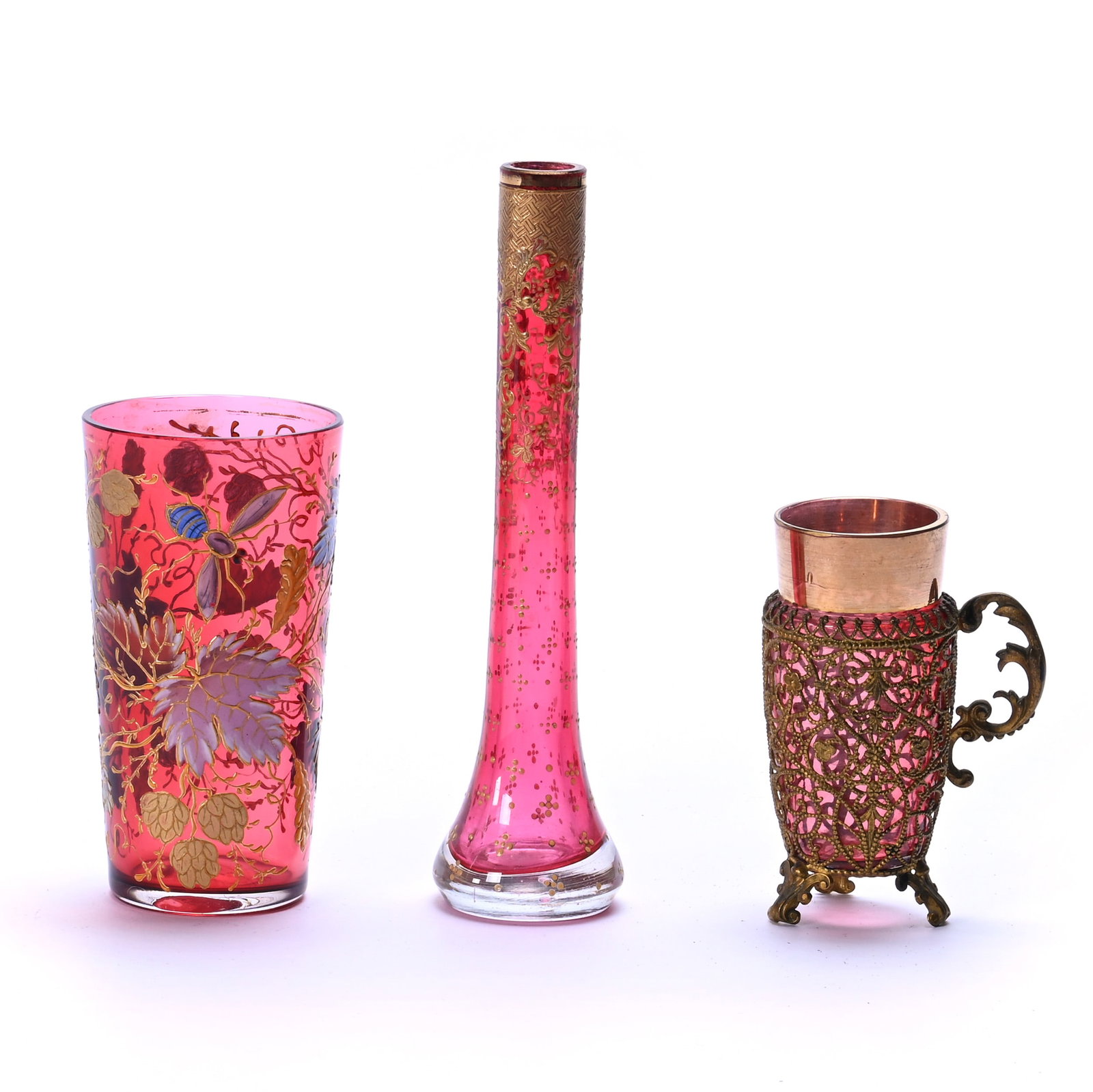 (3) Cranberry Art Glass Items: (3) Cranberry Art Glass Items, 6.25 x 1.75 x 1.75 Inches, (1) Bud Vase, (1) 4" Juice Glass With Colorful Enamel Insect And Vine Decor By Moser, And (1) 3.5" Cup With Gilded Wire Overlay , 0.6 Pounds, 