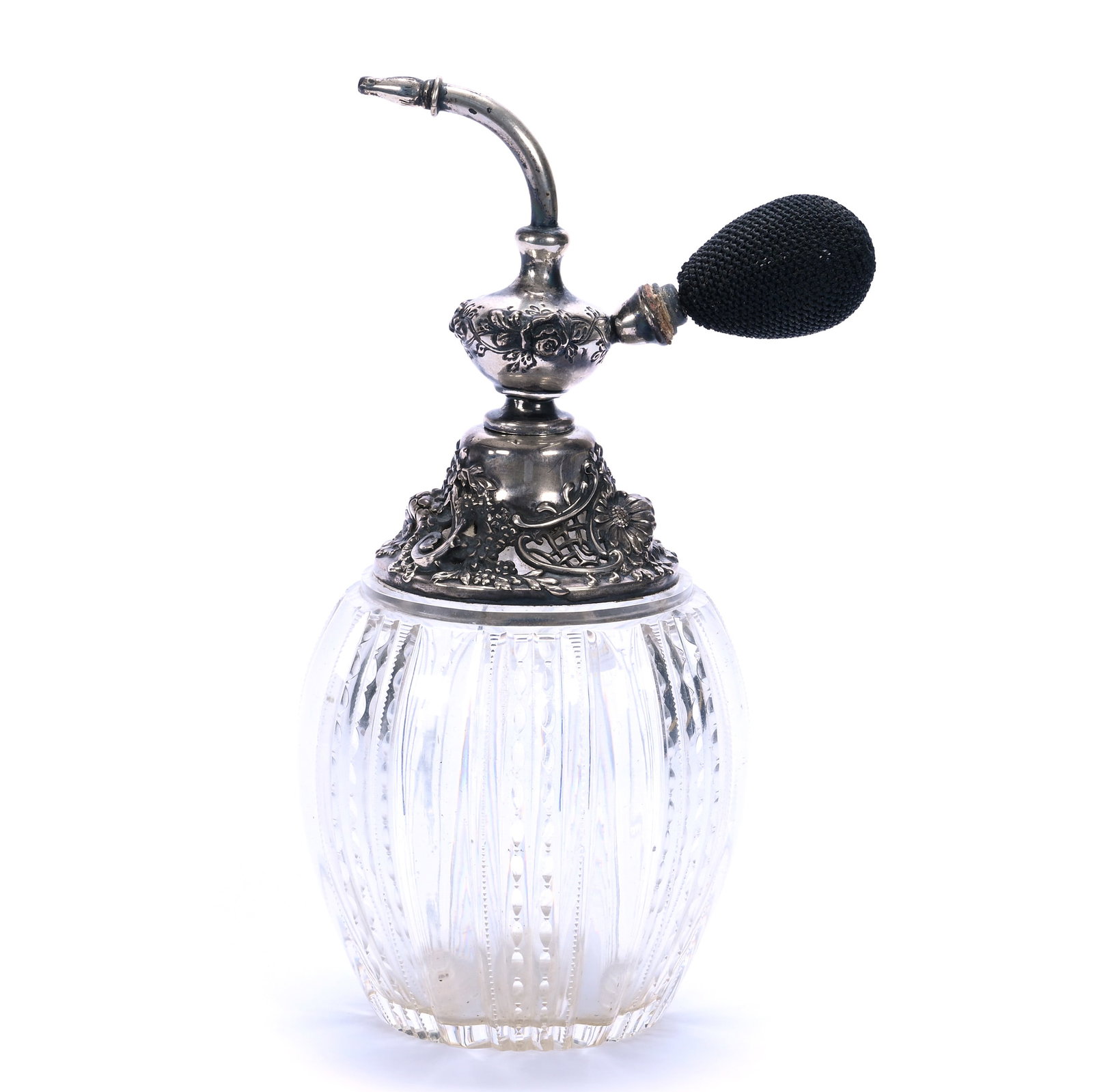 Large Atomizer, American Brilliant Cut Glass: Large Atomizer, American Brilliant Cut Glass, 8.75 x 4.25 x 4.25 Inches, Pillar And Prism Motif With Elaborate Embossed Sterling Silver Top, Marked Redlich Model #369, 1.6 Pounds, Grady and Annette Hi