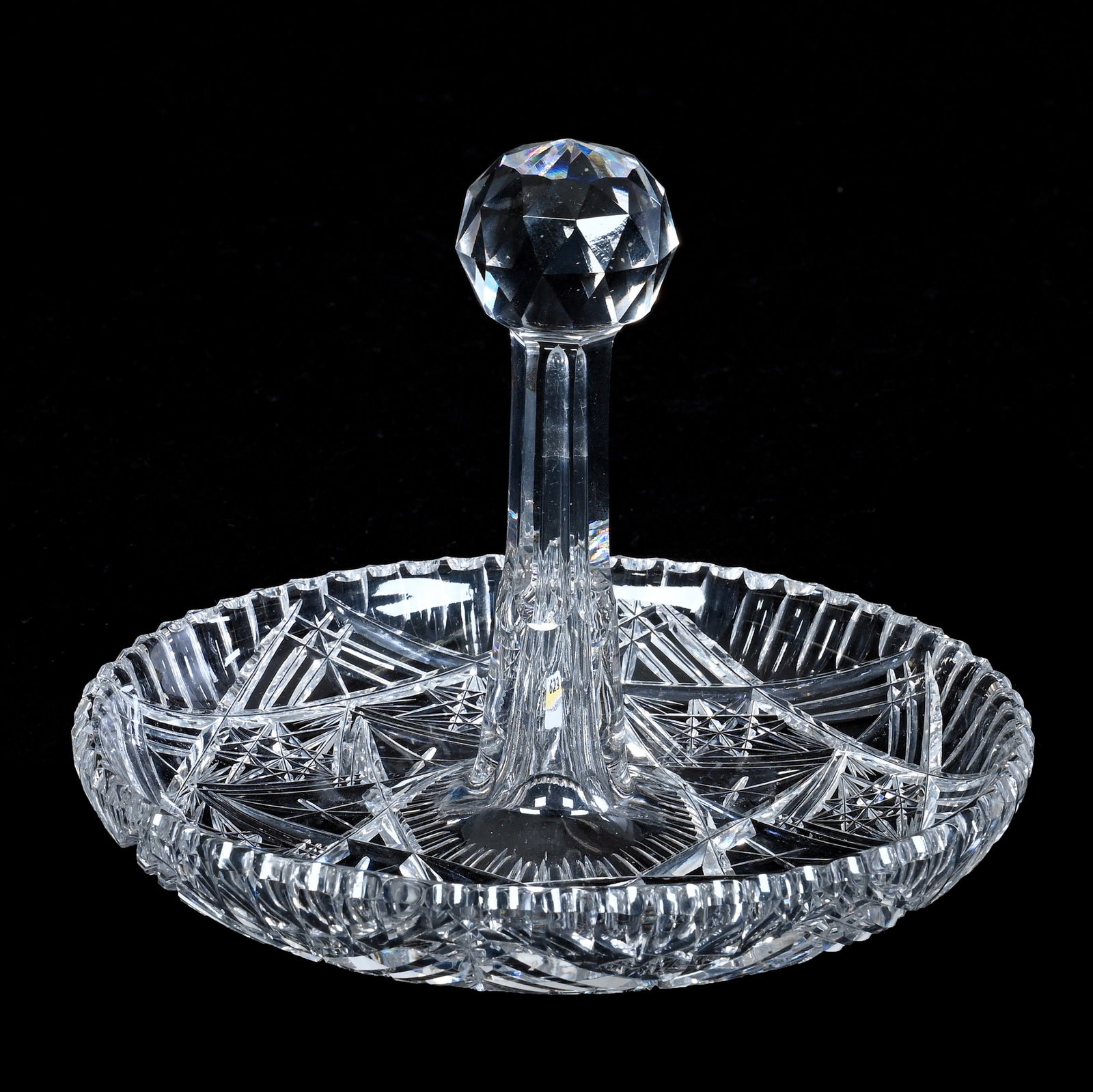 Stick Dish, American Brilliant Cut Glass: Stick Dish, American Brilliant Cut Glass, 5.75 x 7.25 x 7.25 Inches, Modified Hobstar And Miter Motif, Notched Rim, 1.9 Pounds, Grady and Annette Hite Collection, North Carolina. Effective 6/6/26, All
