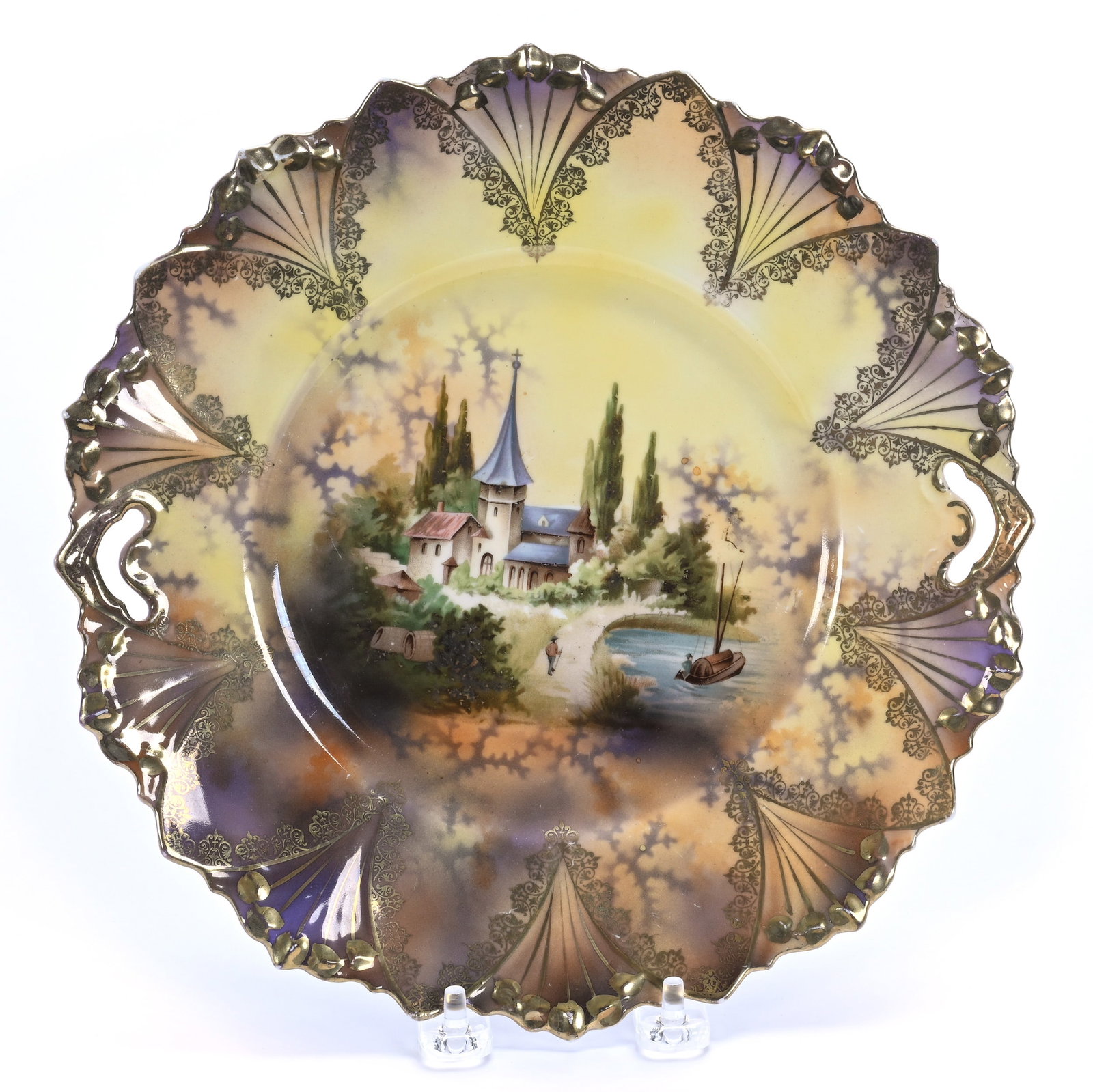 Two Handled Cake Plate, Marked R.S. Prussia: Two Handled Cake Plate, Marked R.S. Prussia, 10 x 10 x 1 Inches, Castle Scenic Decor, Brown, Yellow, And Lavender Tones With Gold Stencil Highlights, 0.9 Pounds, Grady and Annette Hite Collection, Nor