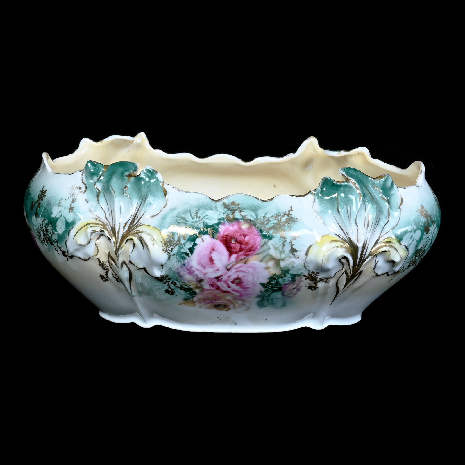 Oval Bowl, Marked R.S. Prussia, Iris Mold: Oval Bowl, Marked R.S. Prussia, Iris Mold, 8 x 5.75 x 3.25 Inches, Green, Cream, And White Tones With Poppy Decor, Nice Example, 0.8 Pounds, Grady and Annette Hite Collection, North Carolina. Effectiv