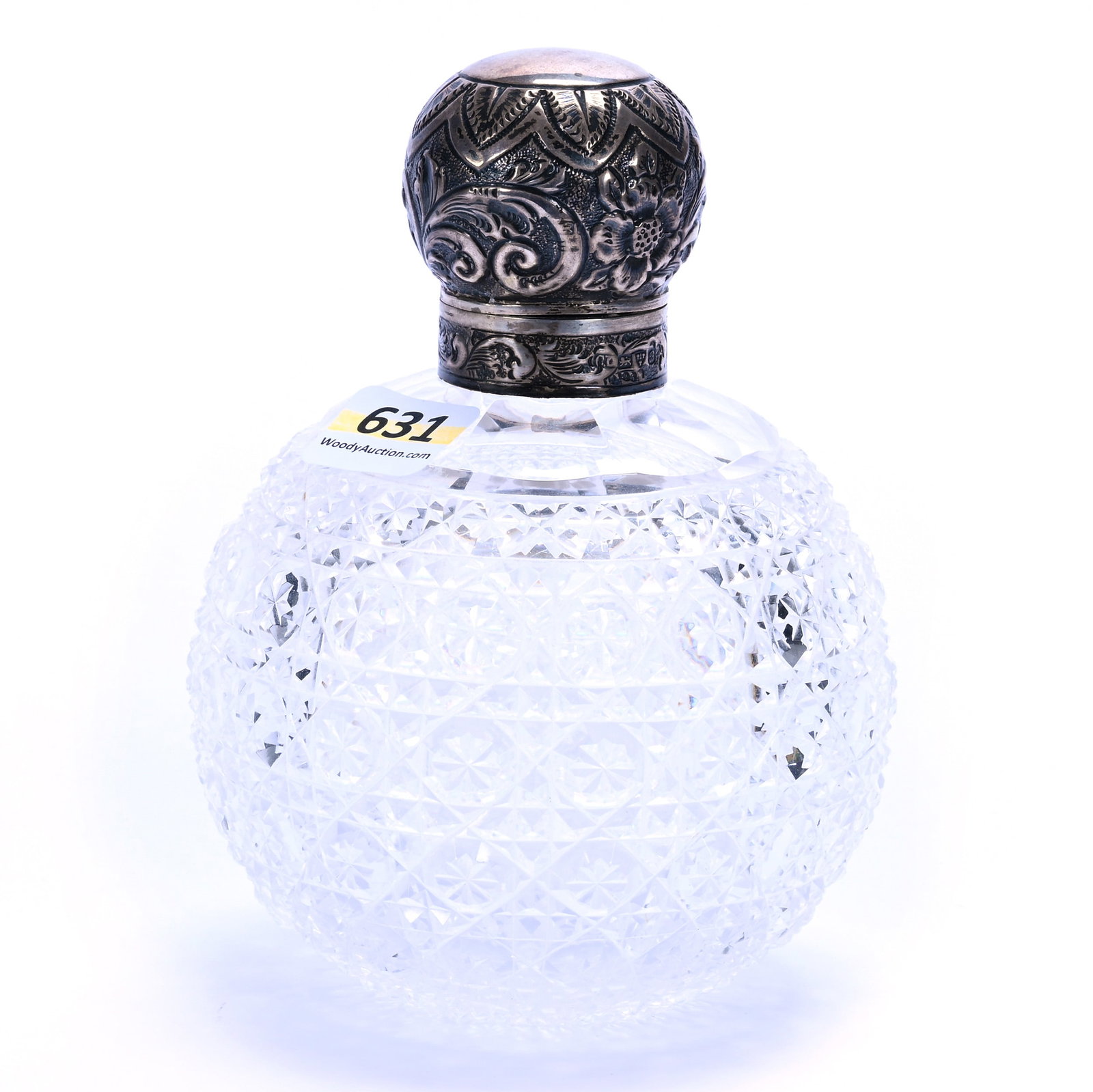 Cologne Bottle, Brilliant Period Cut Glass: Cologne Bottle, Brilliant Period Cut Glass, 5.25 x 3.75 x 3.75 Inches, Star Button And Miter Motif, Ray Cut Base, English Sterling Silver Flip Cap With Replacement Glass Stopper, 0.8 Pounds, Grady and
