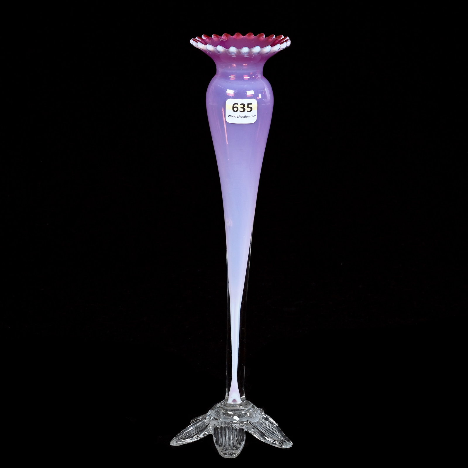 Bud Vase, Pink Opalescent Cased Art Glass: Bud Vase, Pink Opalescent Cased Art Glass, 11.5 x 3.5 x 3.5 Inches, Applied Petal Feet, Small Roughness On One Petal Edge, 0.5 Pounds, Grady and Annette Hite Collection, North Carolina. Effective 6/6/