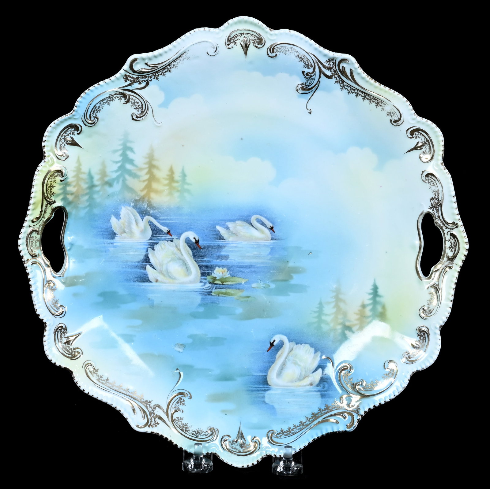 Two Handled Cake Plate, Marked R.S. Prussia: Two Handled Cake Plate, Marked R.S. Prussia, 11 x 11 x 1.5 Inches, Swan Scenic Decor, 1.2 Pounds, Grady and Annette Hite Collection, North Carolina. Effective 6/6/26, All LiveAuctioneers Invoices