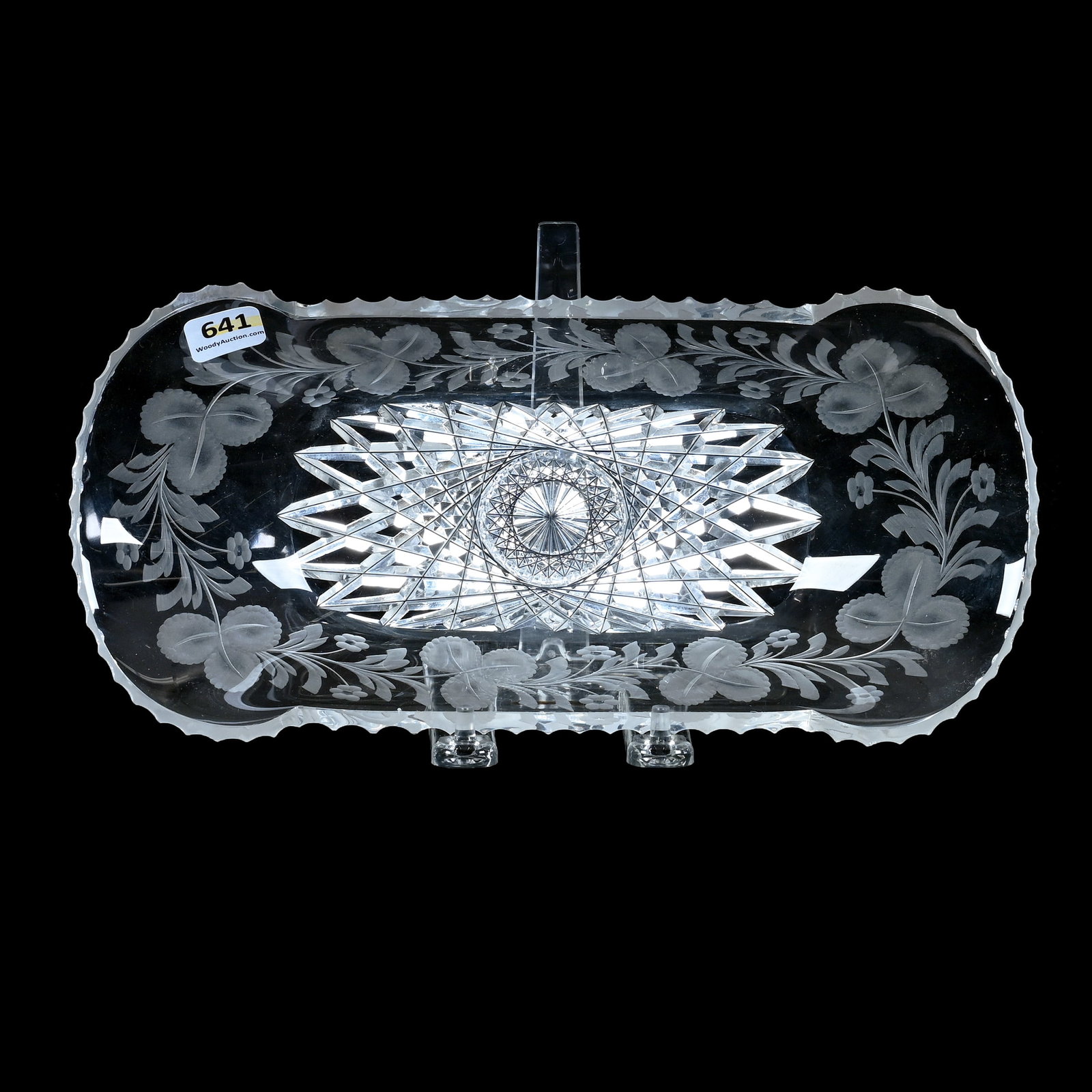 Celery Tray, American Brilliant Cut Glass, Signed Hawkes: Celery Tray, American Brilliant Cut Glass, Signed Hawkes, 11 x 5.25 x 2 Inches, Hobstar Center With Engraved Floral Border, 1.8 Pounds, Grady and Annette Hite Collection, North Carolina. Effective