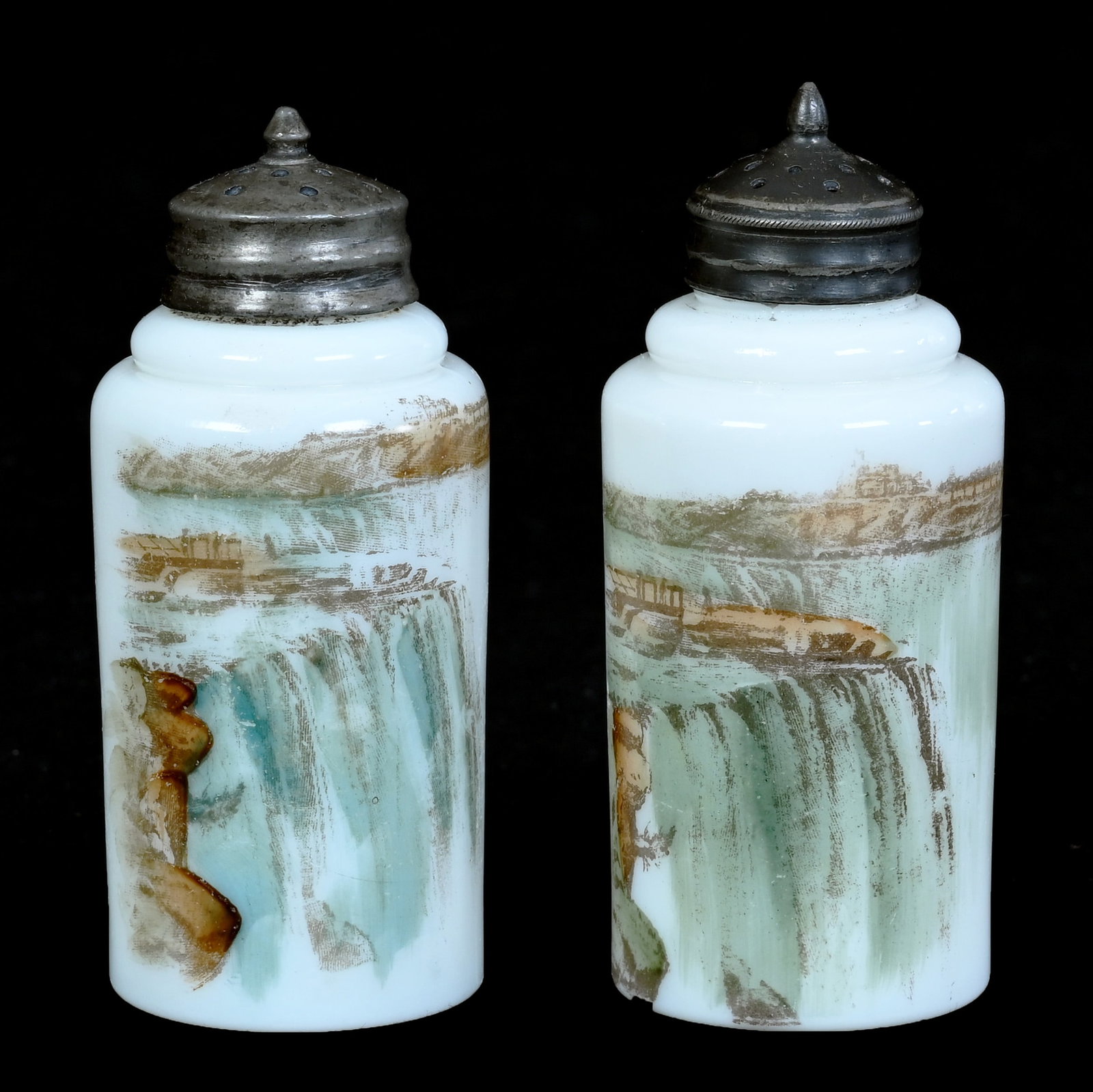 Salt And Pepper Shakers, Unmarked Wave Crest: Salt And Pepper Shakers, Unmarked Wave Crest, 3.75 x 1.75 x 1.75 Inches, Opalware With Niagara Falls Scenic Decor, 0.4 Pounds, Grady and Annette Hite Collection, North Carolina. Effective 6/6/26, All