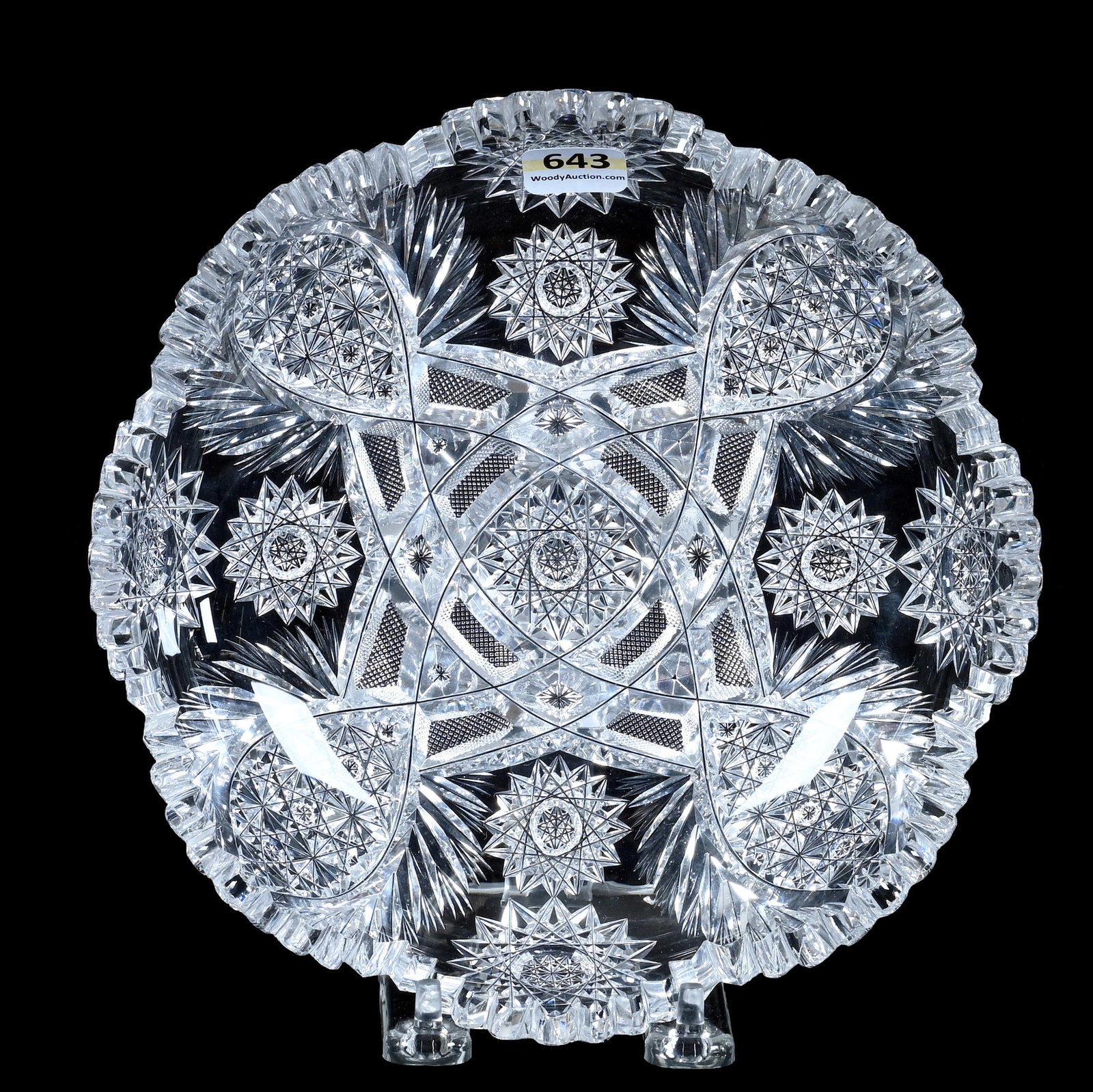 Bowl, American Brilliant Cut Glass: Bowl, American Brilliant Cut Glass, 8 x 8 x 2 Inches, Four Alternating Sections Of Hobstar, Vesica, Russian, Crosscutting, And Star Motif, Nice Example, 2.1 Pounds, Grady and Annette Hite Collection, 