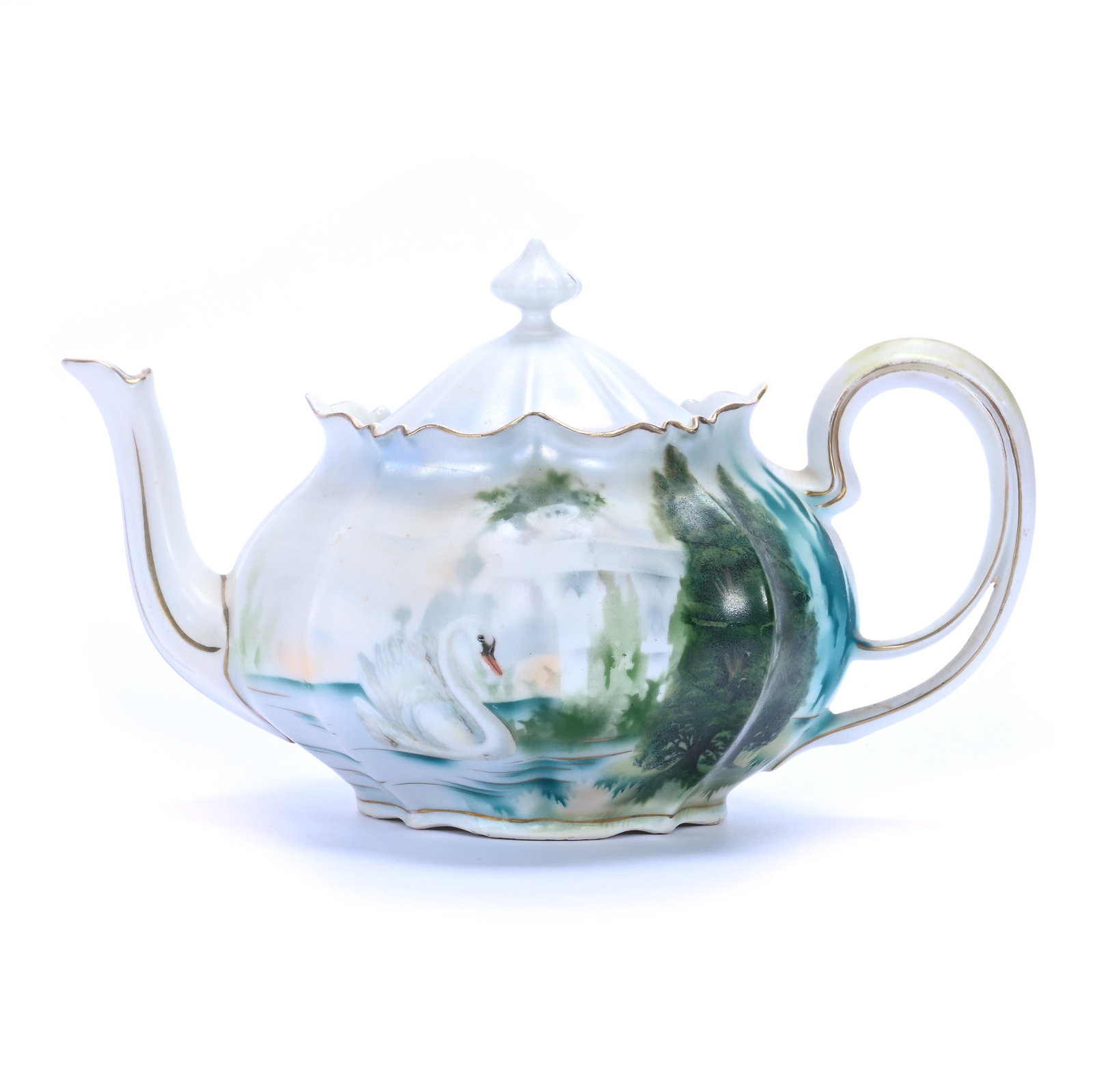 Teapot, Marked R.S. Prussia: Teapot, Marked R.S. Prussia, 4.75 x 8 x 5.25 Inches, Stylized Swan And Evergreen Decor, Satin Finish, 0.6 Pounds, Grady and Annette Hite Collection, North Carolina. Effective 6/6/26, All