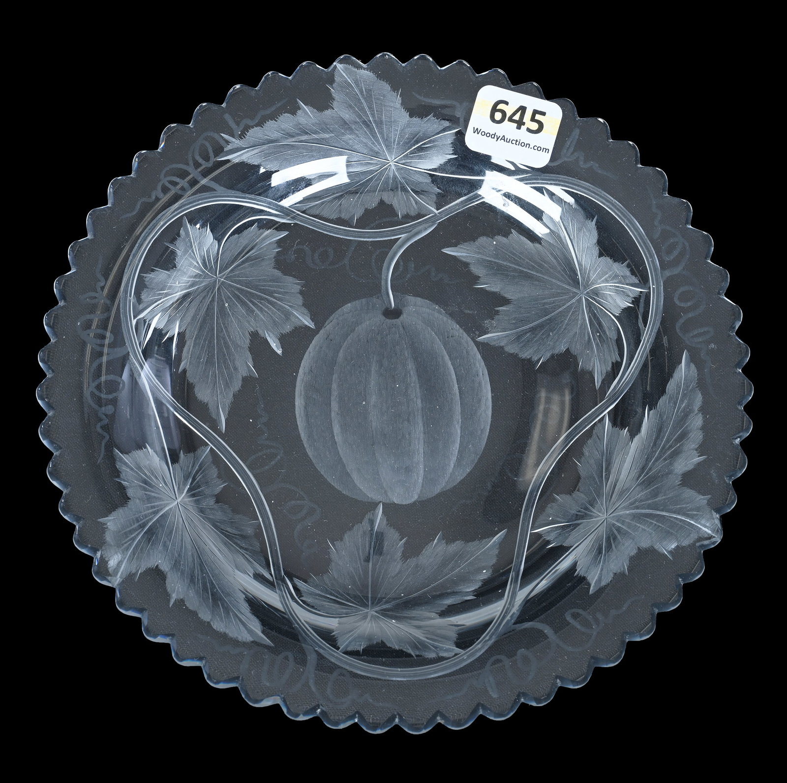 Plate, American Brilliant Cut Glass: Plate, American Brilliant Cut Glass, 7 x 7 x 0.75 Inches, Engraved Pumpkin And Vine Decor, 1.1 Pounds, Grady and Annette Hite Collection, North Carolina. Effective 6/6/26, All LiveAuctioneers