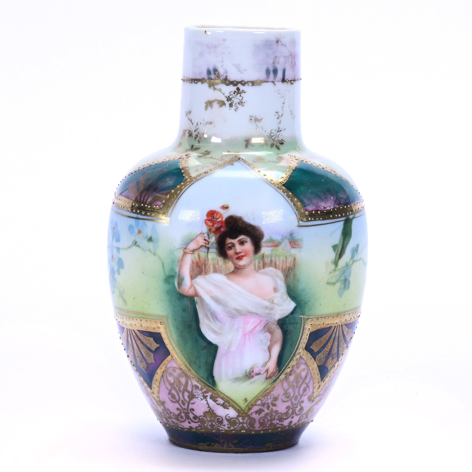 Vase, Marked R.S. Prussia: Vase, Marked R.S. Prussia, 5.5 x 3.5 x 3.5 Inches, Summer Season Portrait, Some Pattern Wear, 0.4 Pounds, Grady and Annette Hite Collection, North Carolina. Effective 6/6/26, All LiveAuctioneers